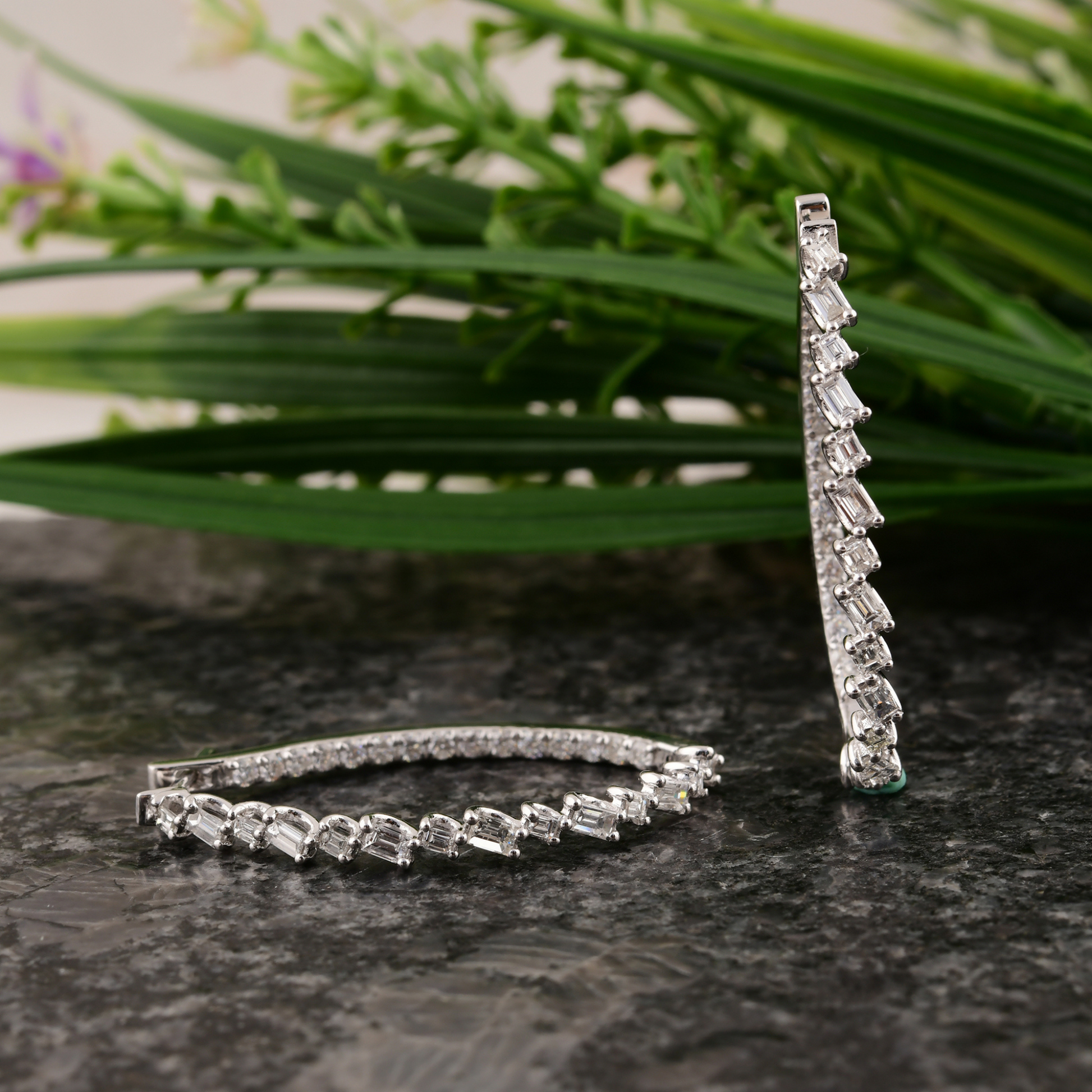 Solid Gold 1.97 Ct Natural SI/H Baguette & Round Diamond Huggie Hoop Earrings