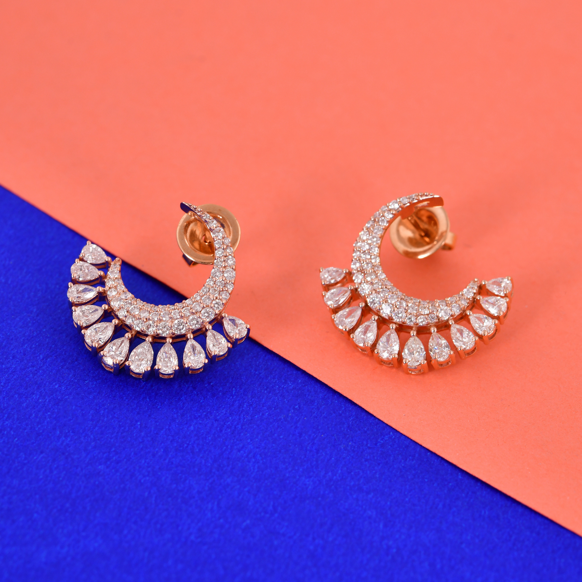 Elegant 2.15Ct. Natural Diamond Half Moon Crescent Gold Hoop Earrings