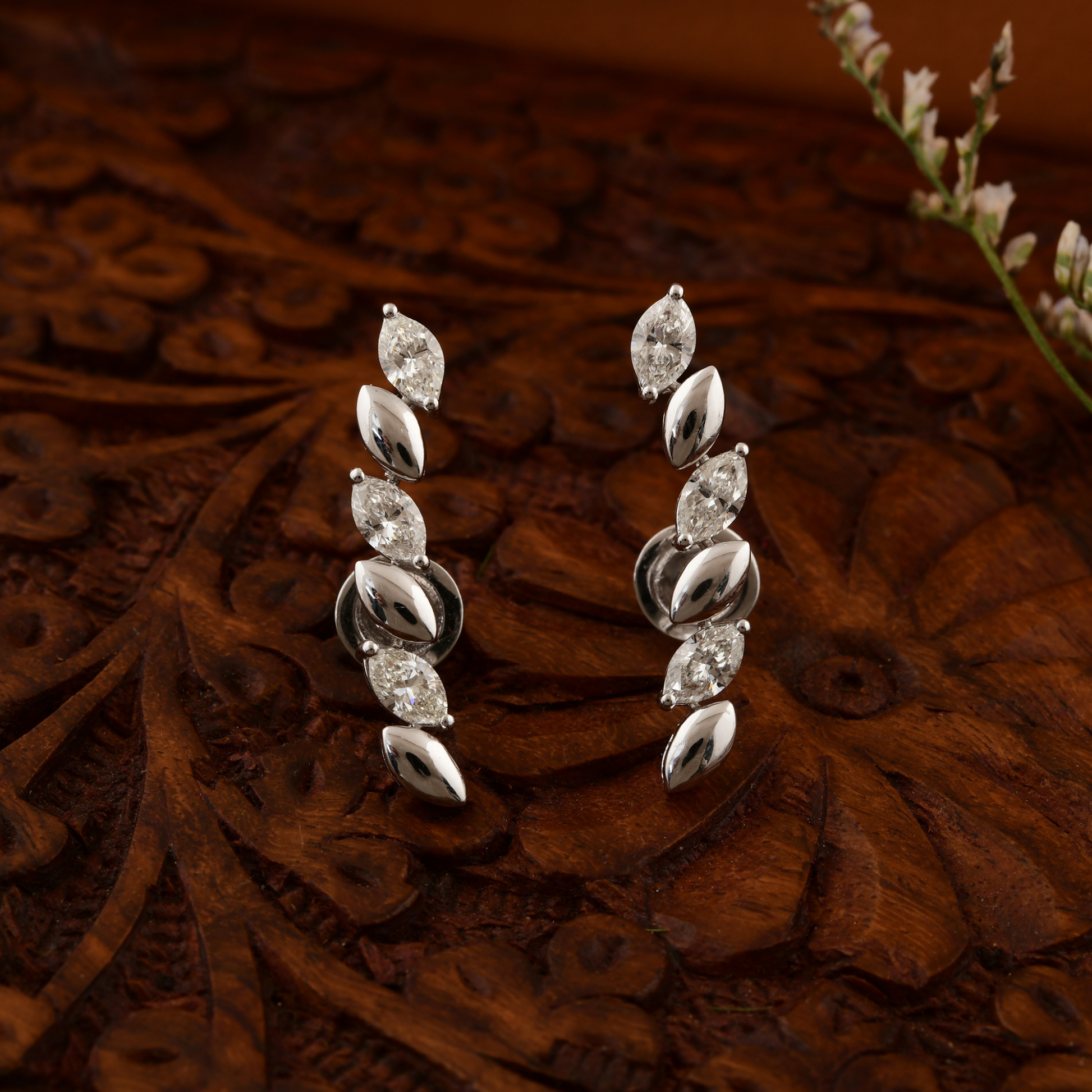 1.51 Carat Natural SI/H Marquise Diamond Climber Earrings in Fine Gold