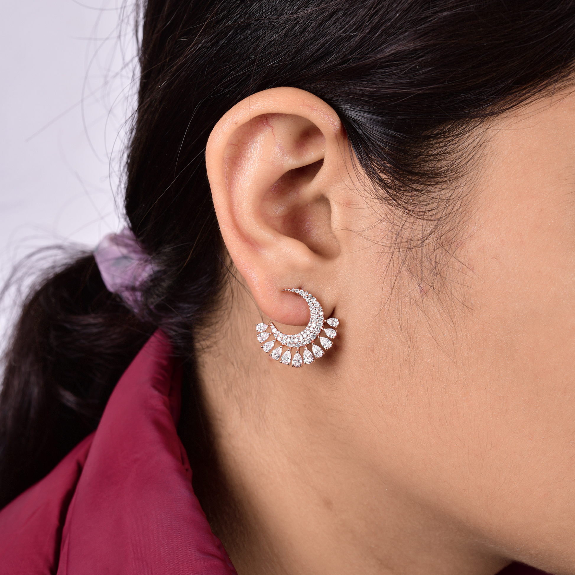 Elegant 2.15Ct. Natural Diamond Half Moon Crescent Gold Hoop Earrings