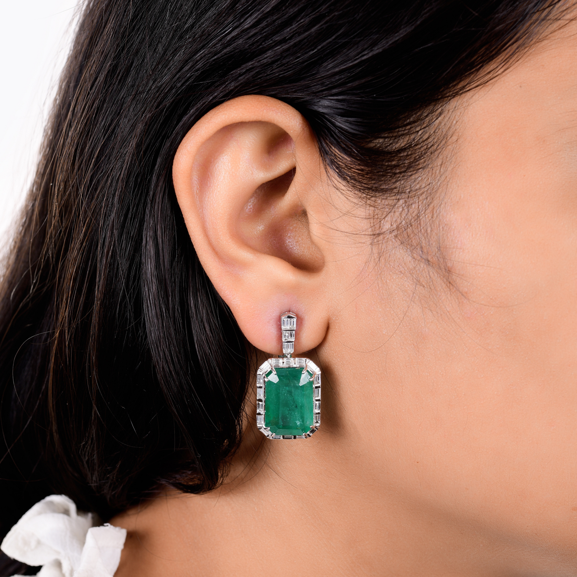 22.04Ct. Natural Zambian Emerald SI/H Baguette Cut Diamond Gold Drop Earrings