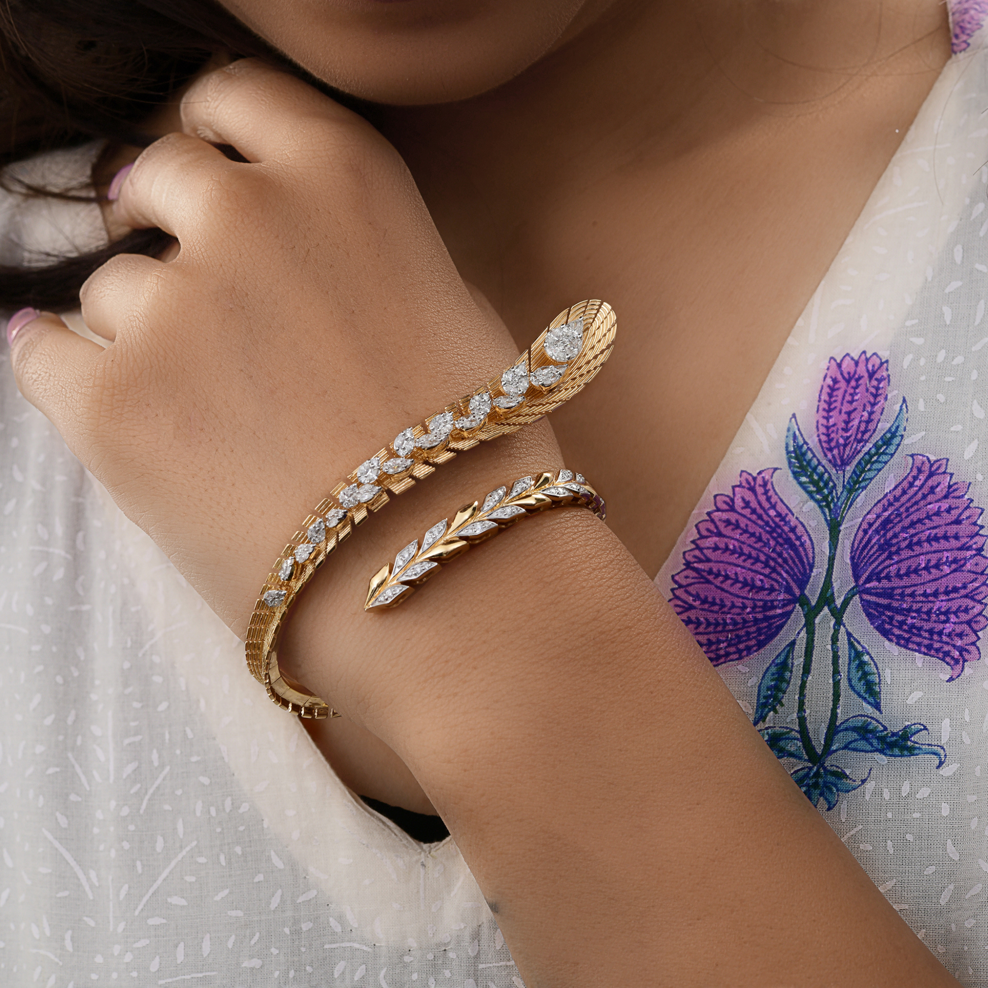 Fine Gold Leaf Wrap Bangle Bracelet with 2.56 Carat Natural Pear & Marquise Diamonds