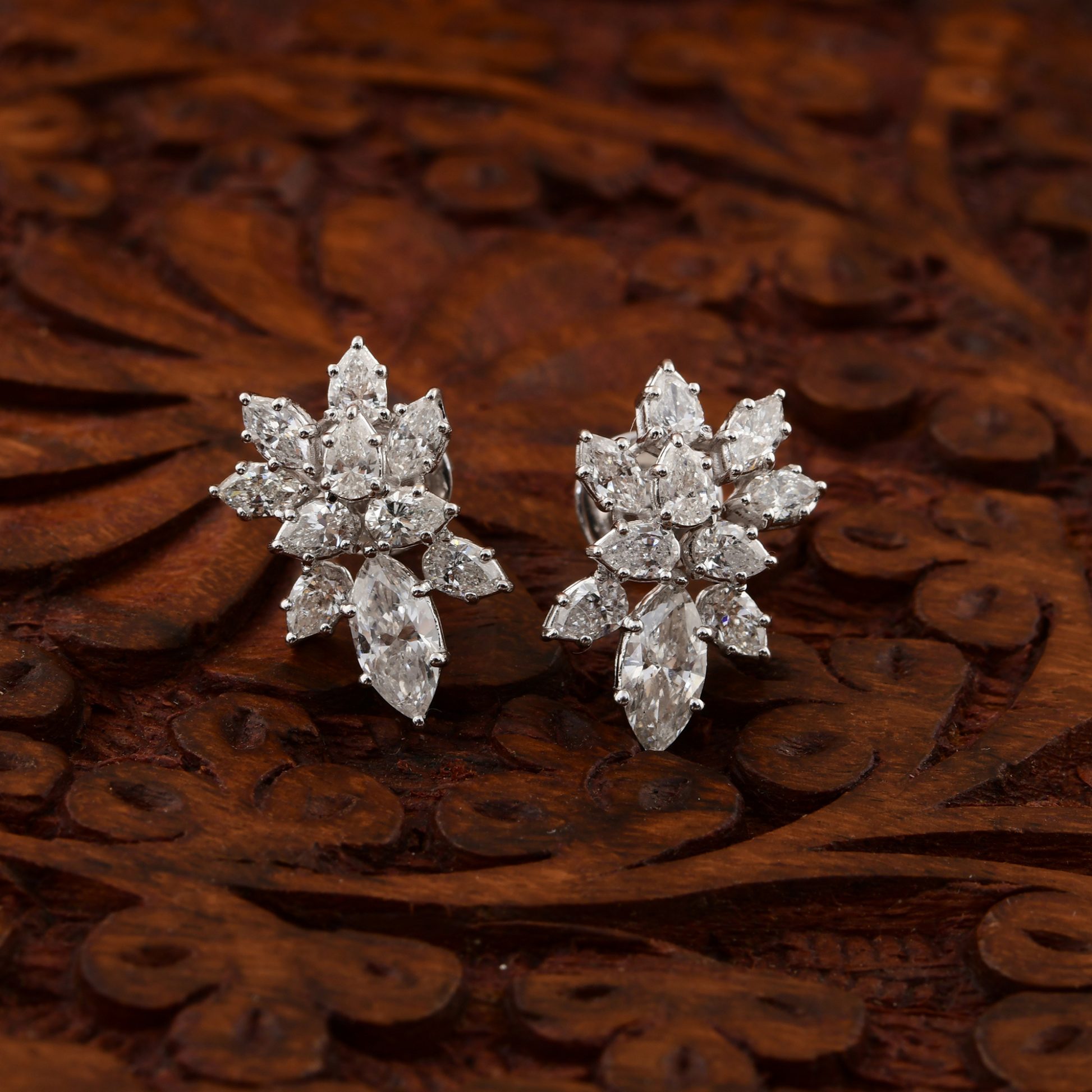 Floral Cluster Marquise & Pear Cut Diamond Gold Stud Earrings