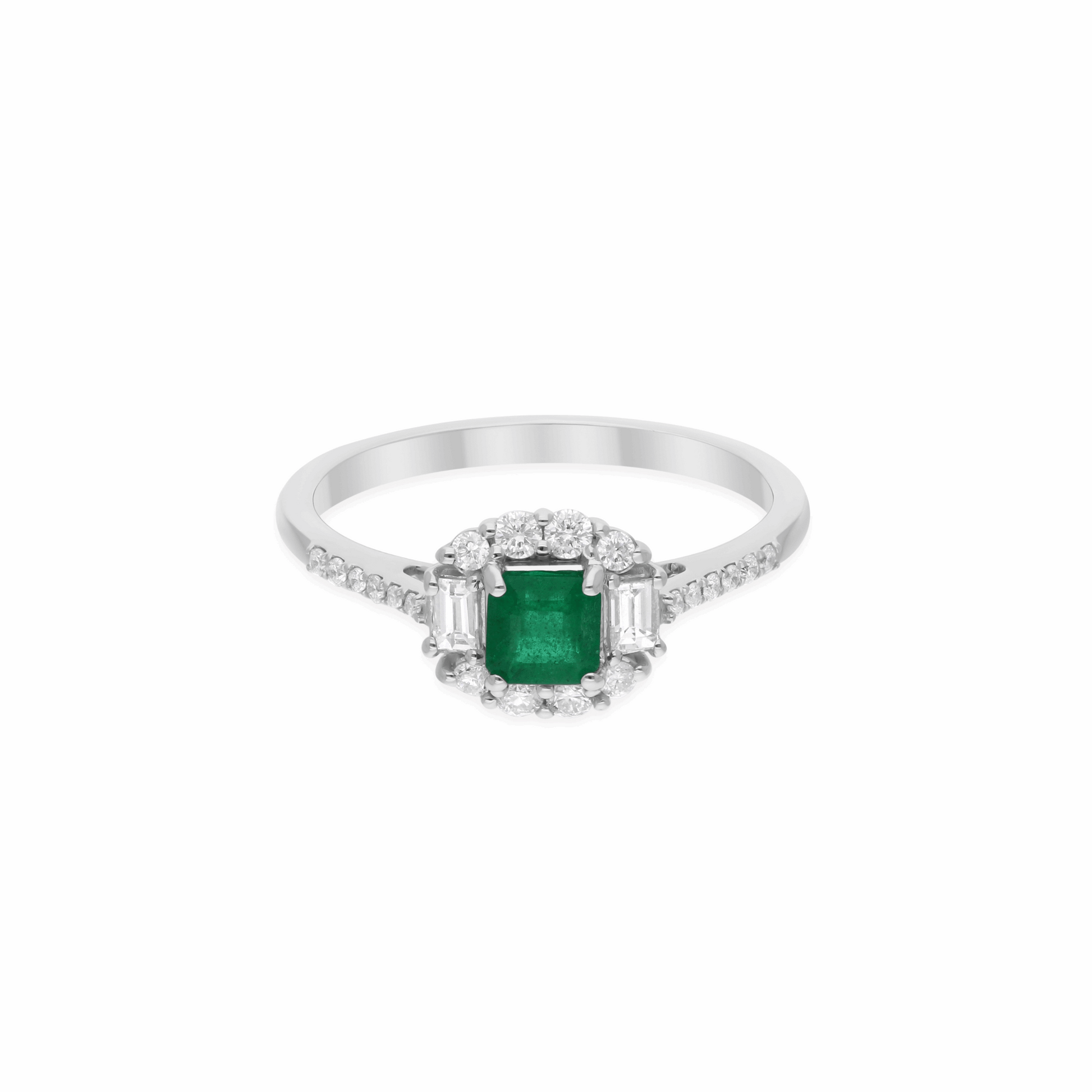 Baguette & Round Diamonds & Emerald Halo Ring in 18K Fine Gold