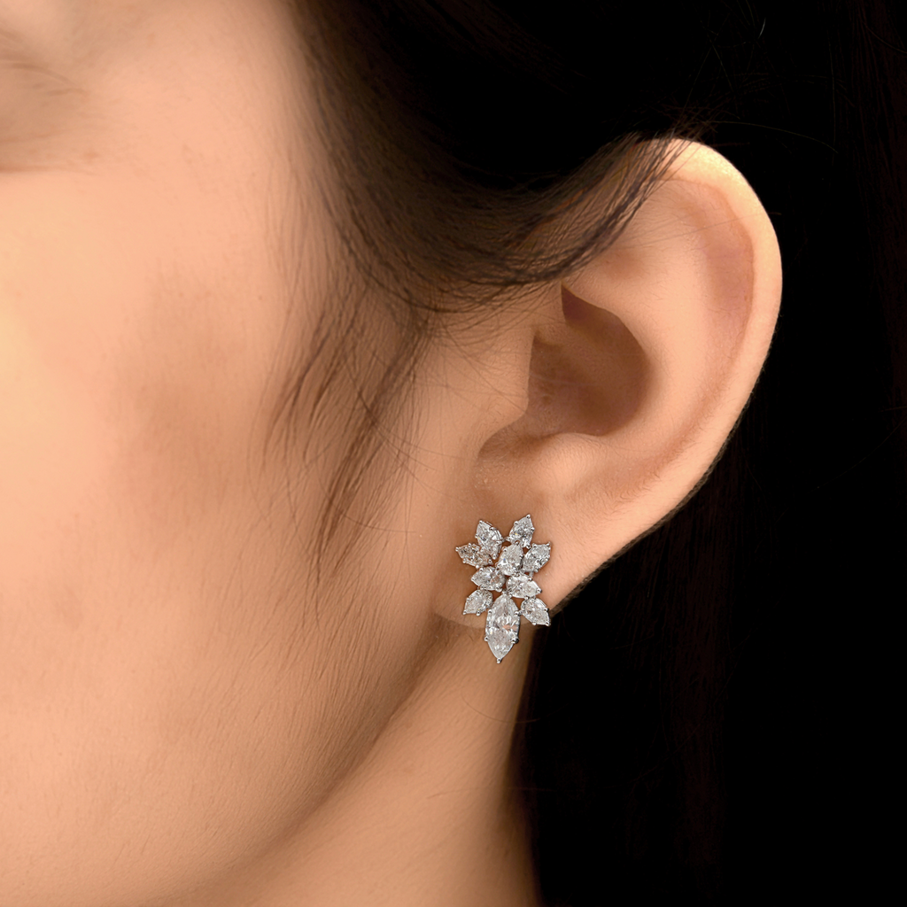 Floral Cluster Marquise & Pear Cut Diamond Gold Stud Earrings