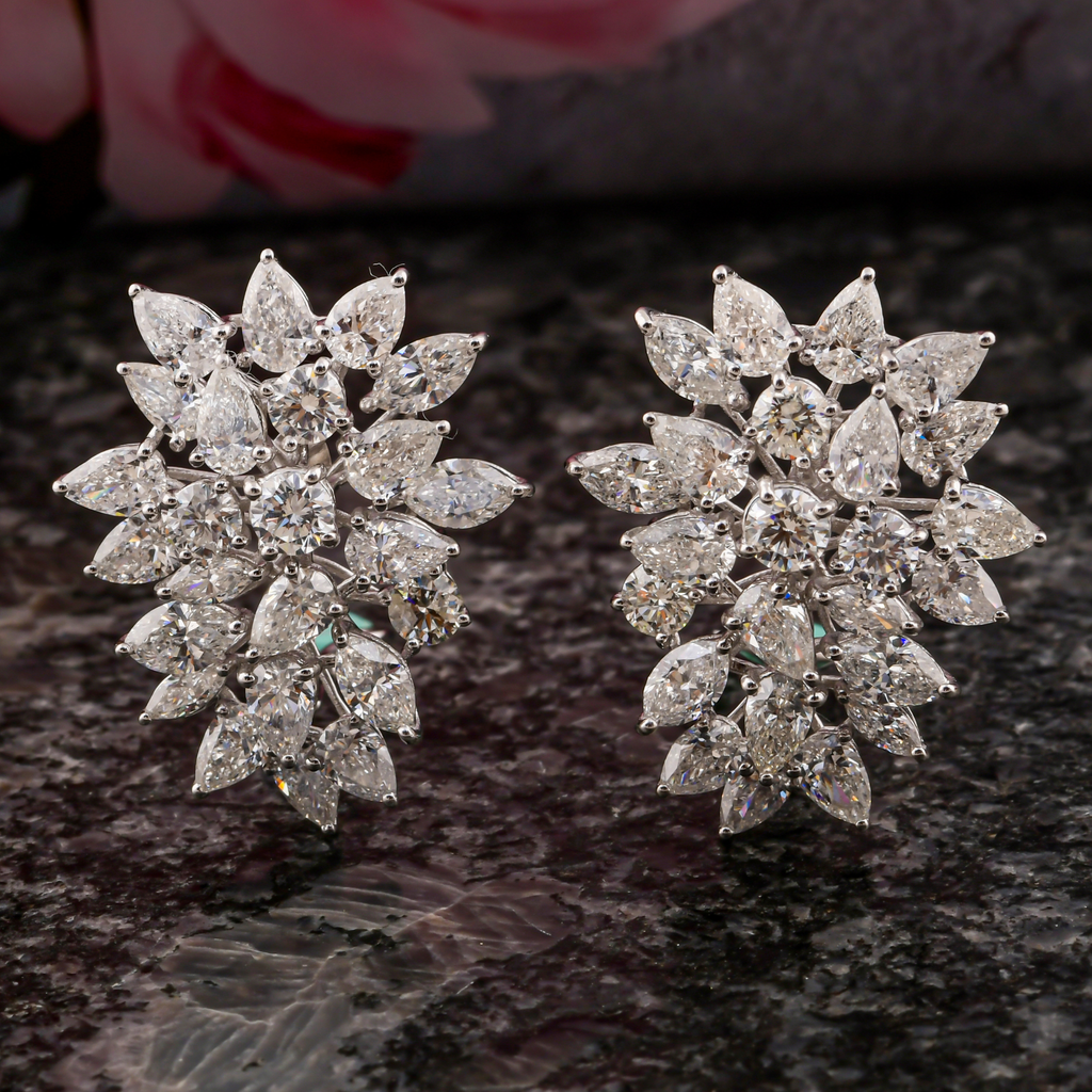 Certified Gold 10.20 Carat Natural H/SI Marquise Diamond Cluster Stud Earrings