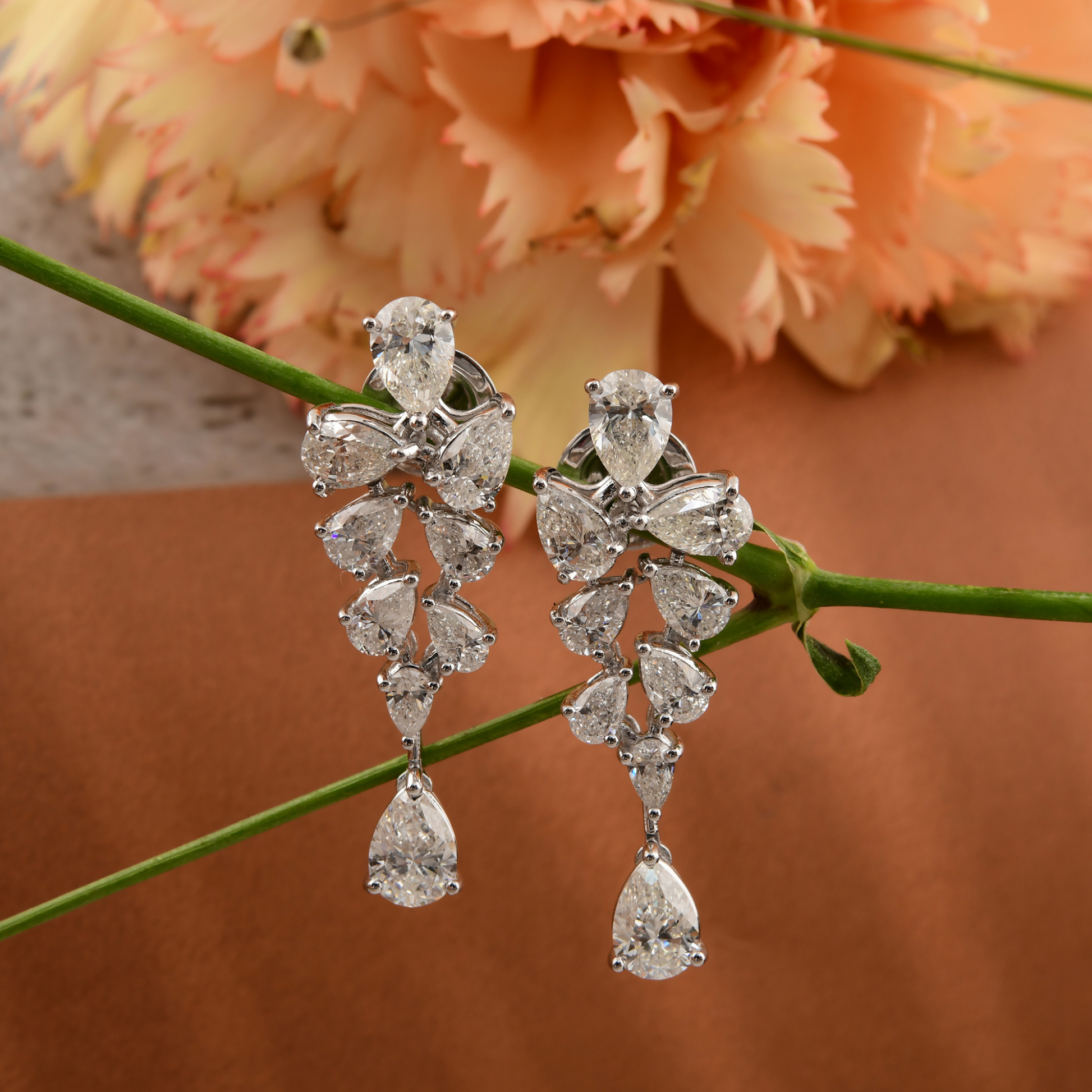 4.14 Carat Pear Shaped Handmade Natural Diamond Drop Earrings