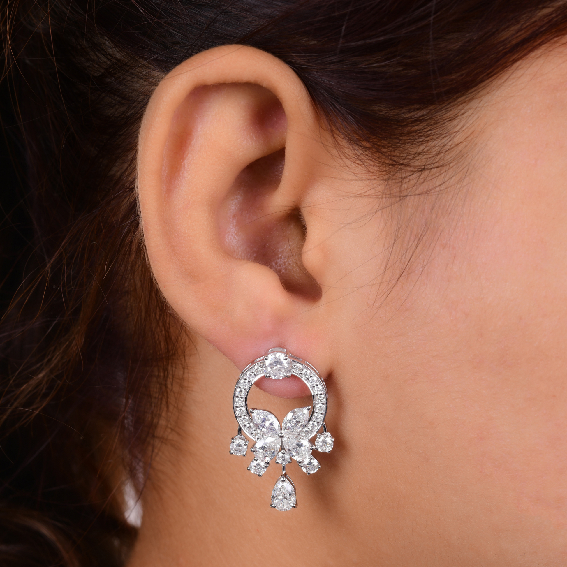 6.43 Carat Natural Diamond Fine Gold Round & Marquise Cut Earrings