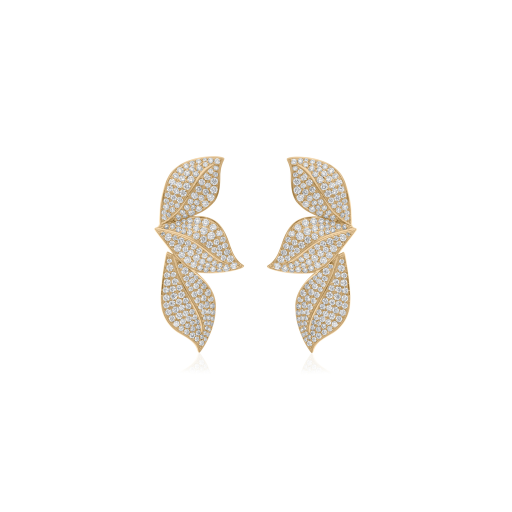 3.20Ct Triple Leaf Solid Gold Round Brilliant Cut Diamond Dangle Earrings