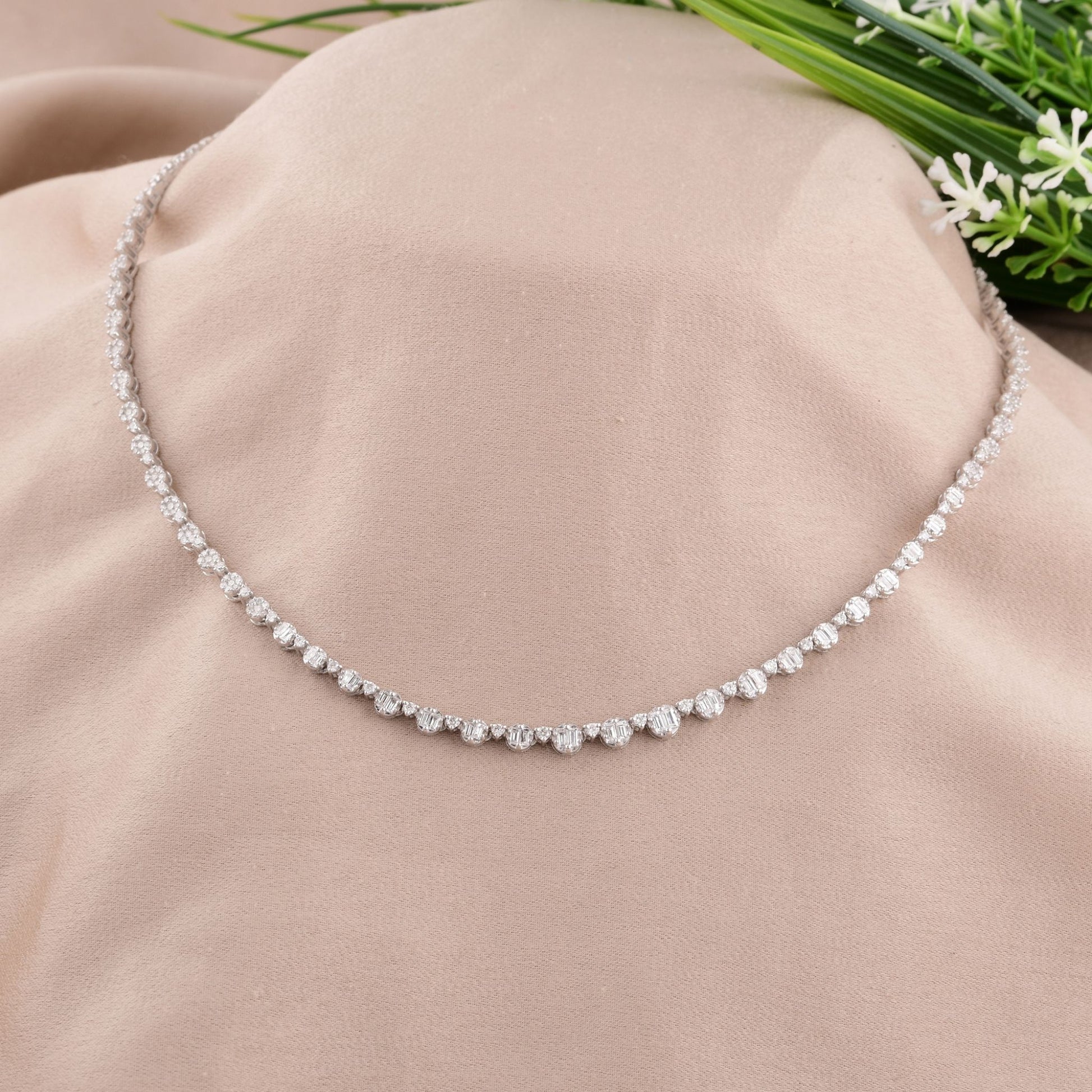 Natural Diamond Brilliant Cut Tennis Gold Necklace for Women