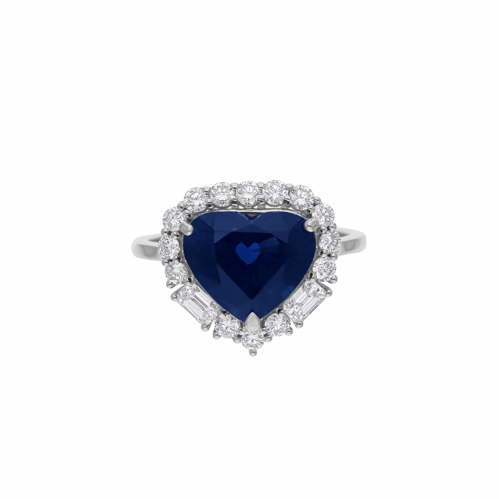 5.41 Tcw Natural Blue Sapphire SI/H Diamond Heart Ring 18k Gold