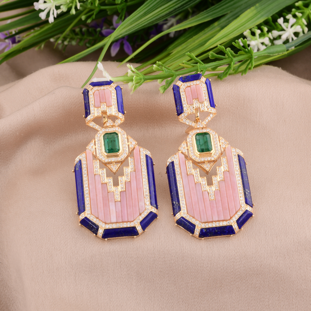 Solid Gold H/SI Diamond Emerald Pink MOP Lapis Lazuli Dangle Earrings
