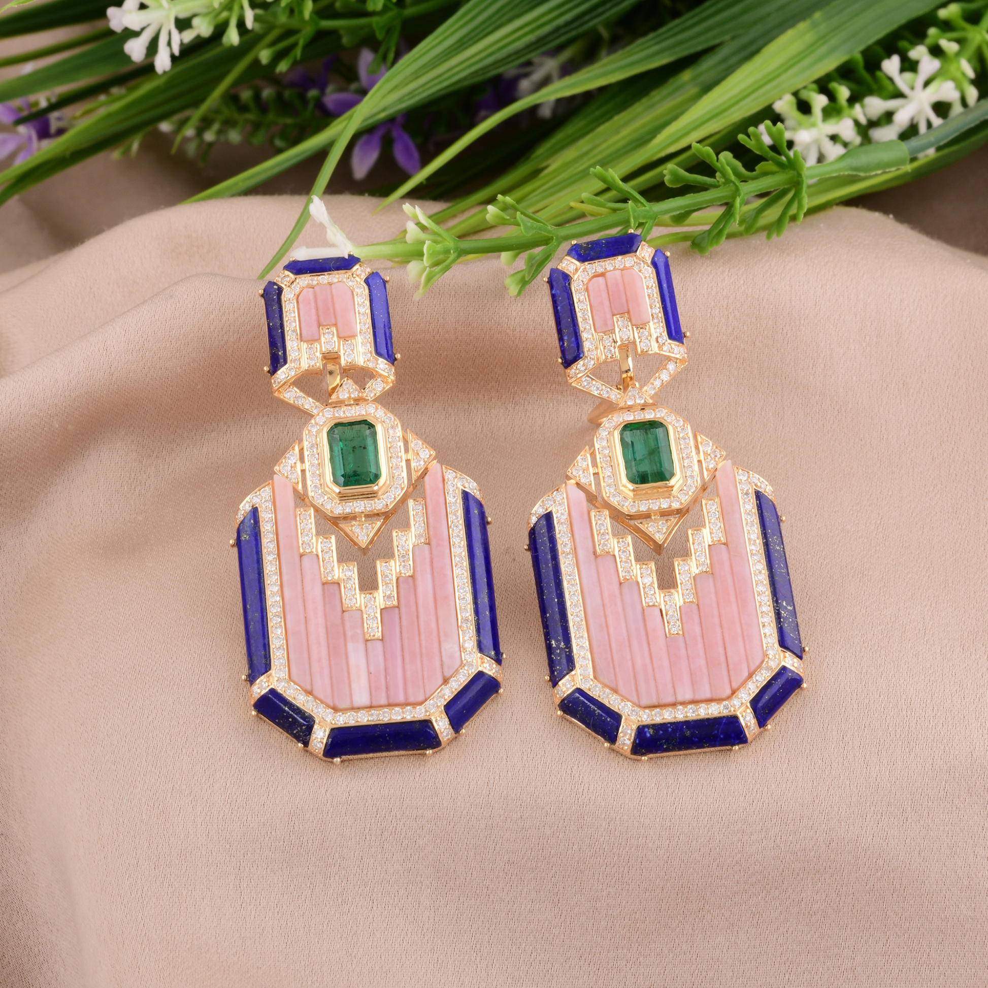 Solid Gold H/SI Diamond Emerald Pink MOP Lapis Lazuli Dangle Earrings