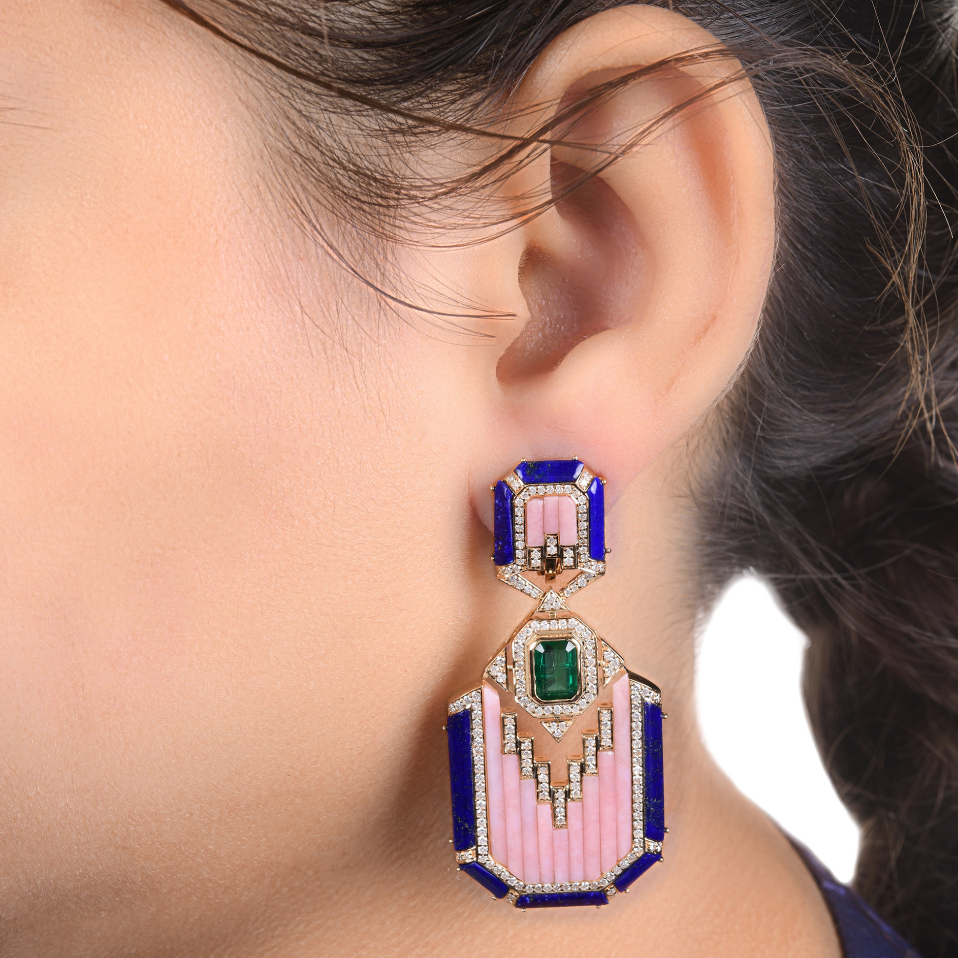 Solid Gold H/SI Diamond Emerald Pink MOP Lapis Lazuli Dangle Earrings