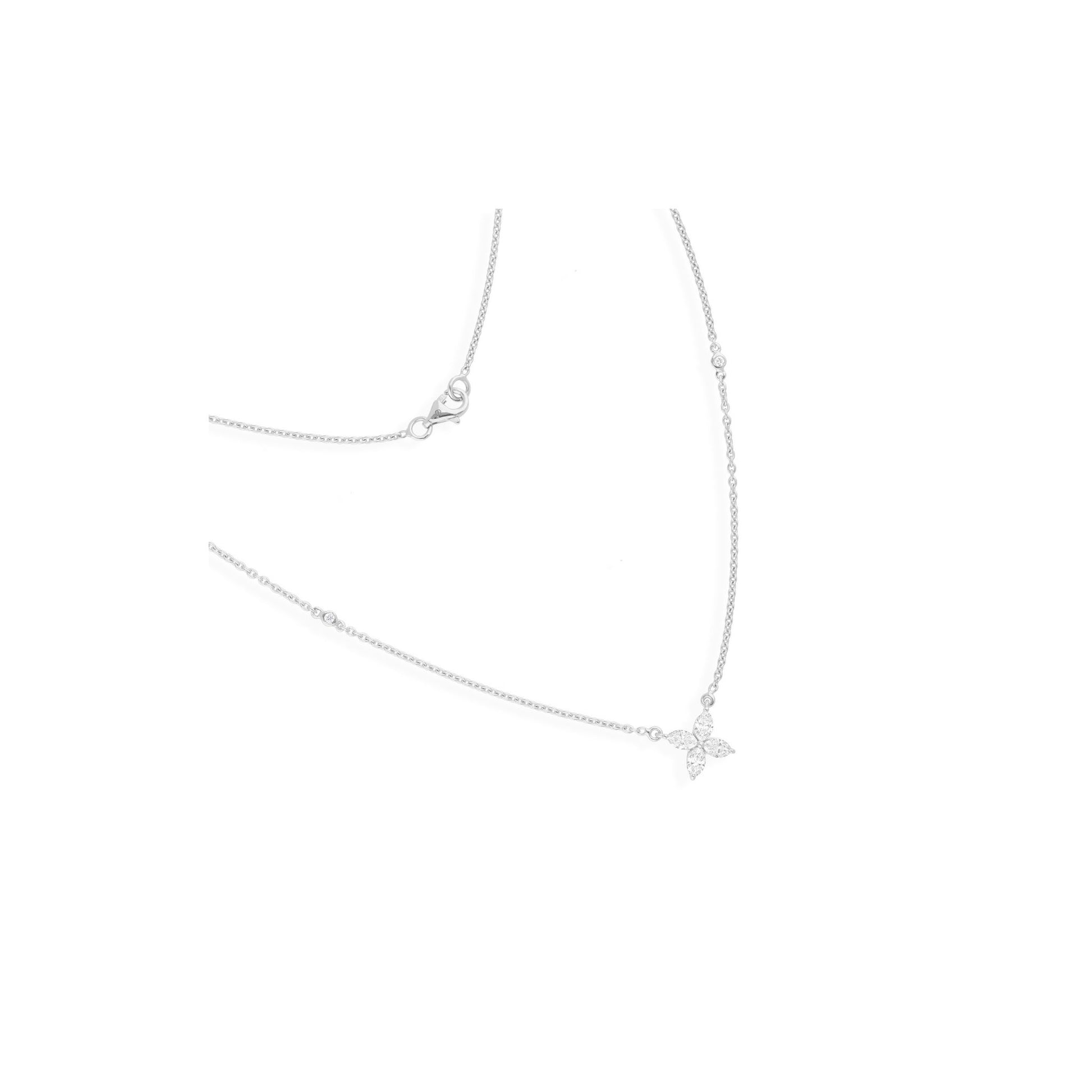 Sleek Dainty Flower Pear Cut Fine Gold Natural Diamond Chain Necklace