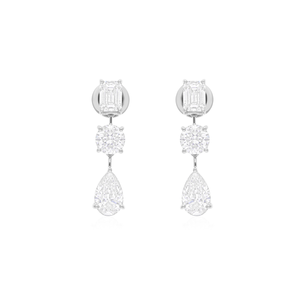 Fine Gold Three Stone Mixed Shape 4.87 Carat Natural Diamond Drop Earrings