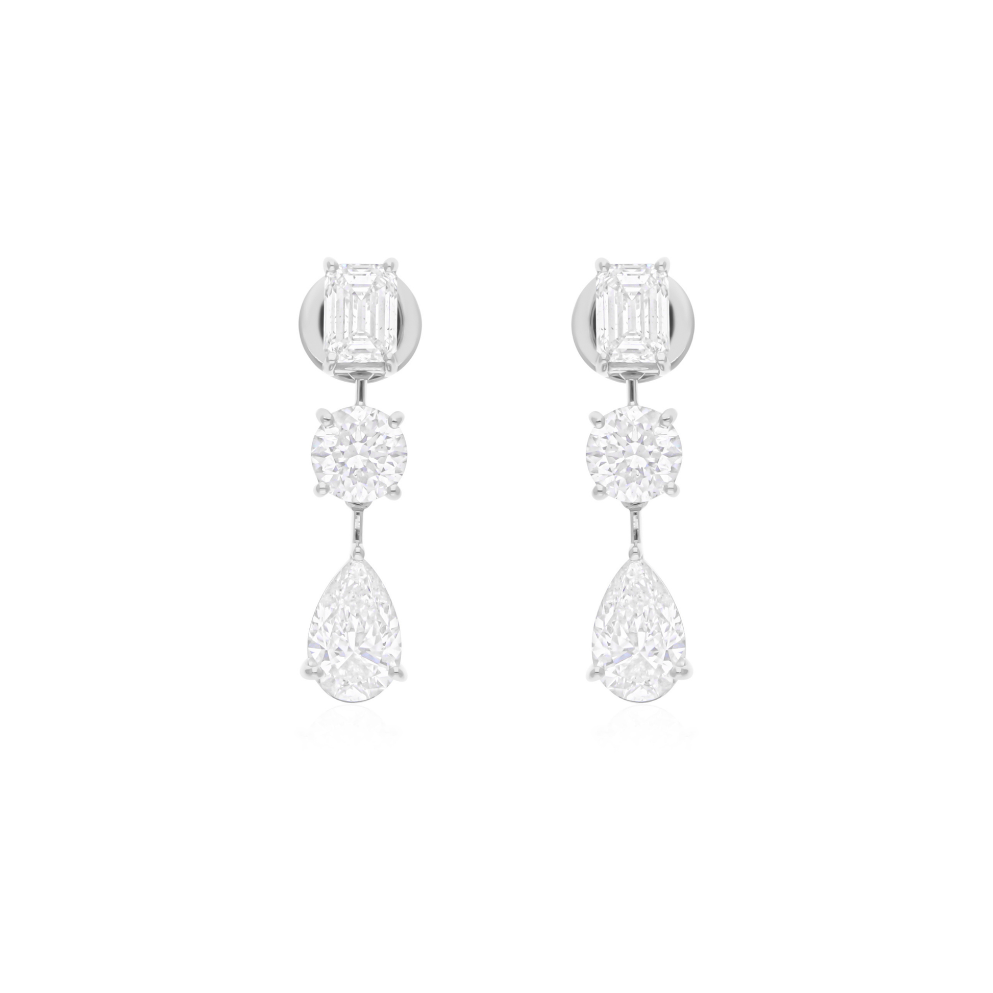 Fine Gold Three Stone Mixed Shape 4.87 Carat Natural Diamond Drop Earrings