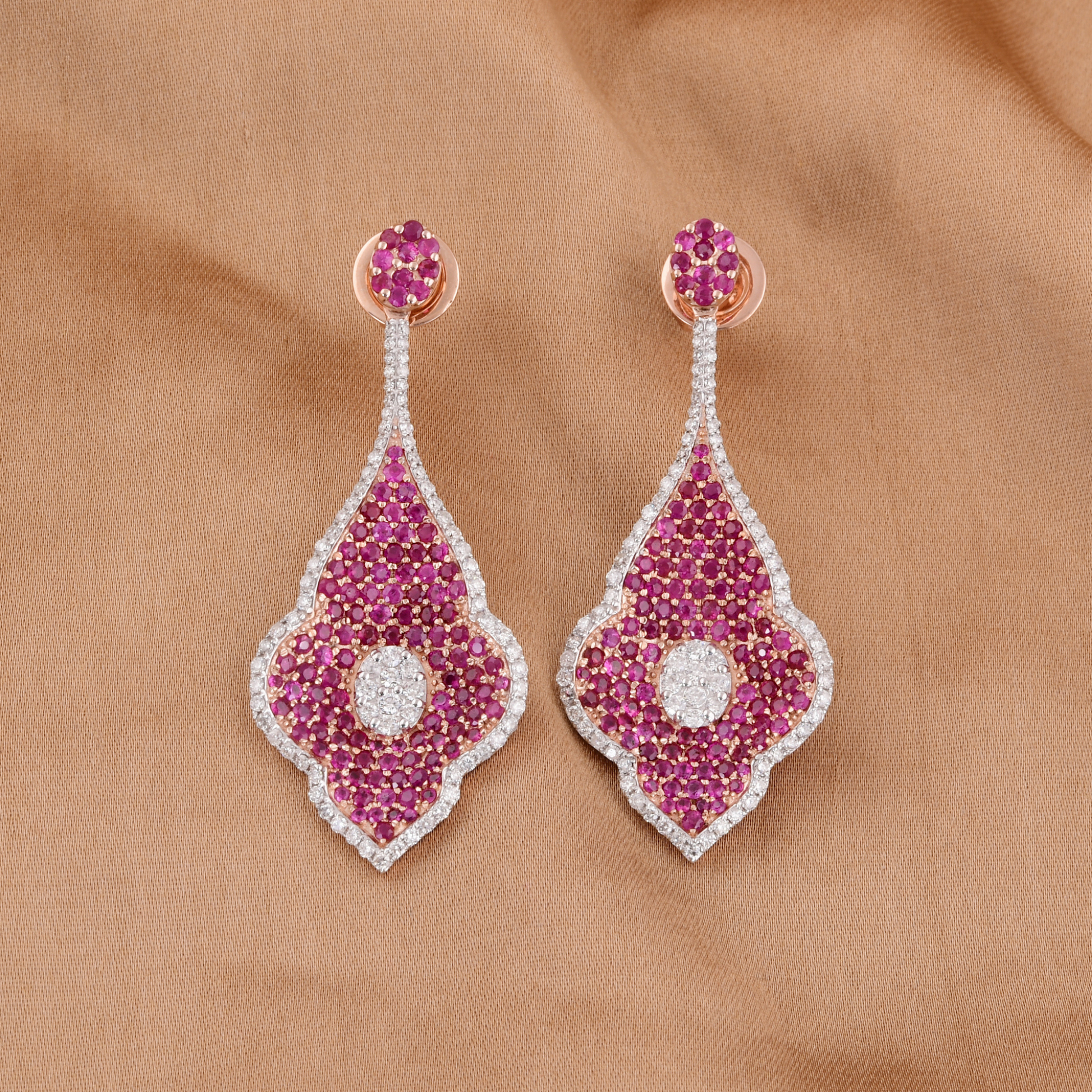Pave SI Clarity HI Color Diamond Ruby Gemstone Leaf Dangle Gold Earrings