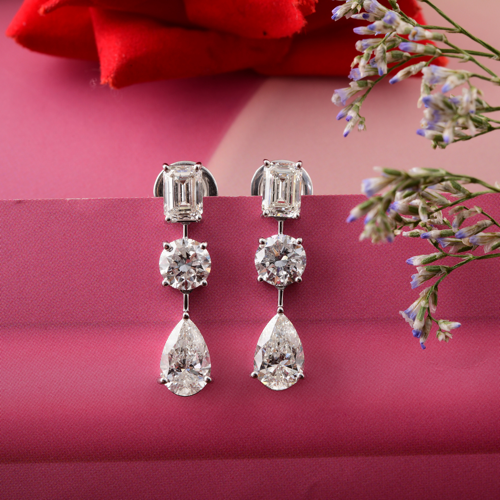 Fine Gold Three Stone Mixed Shape 4.87 Carat Natural Diamond Drop Earrings