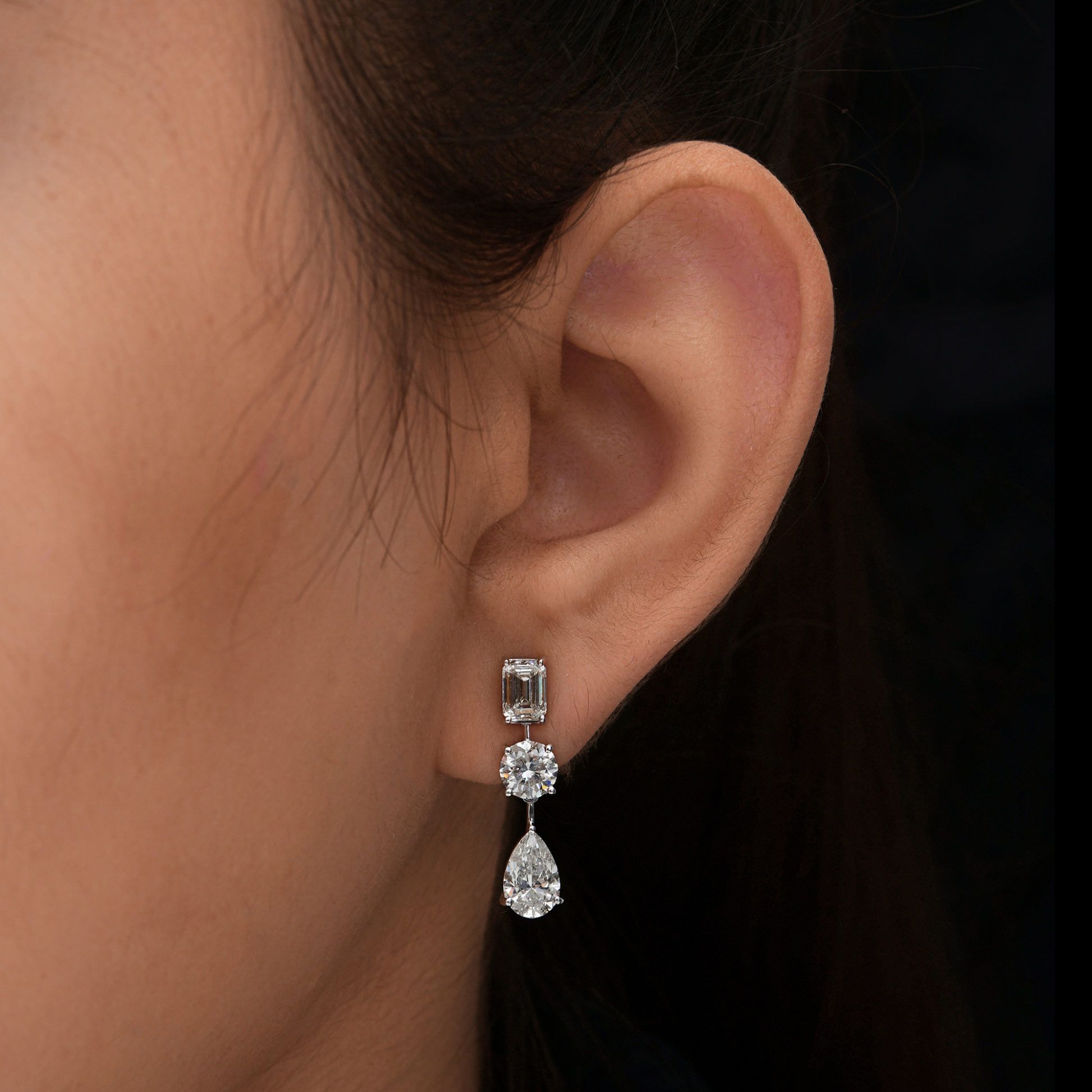 Fine Gold Three Stone Mixed Shape 4.87 Carat Natural Diamond Drop Earrings