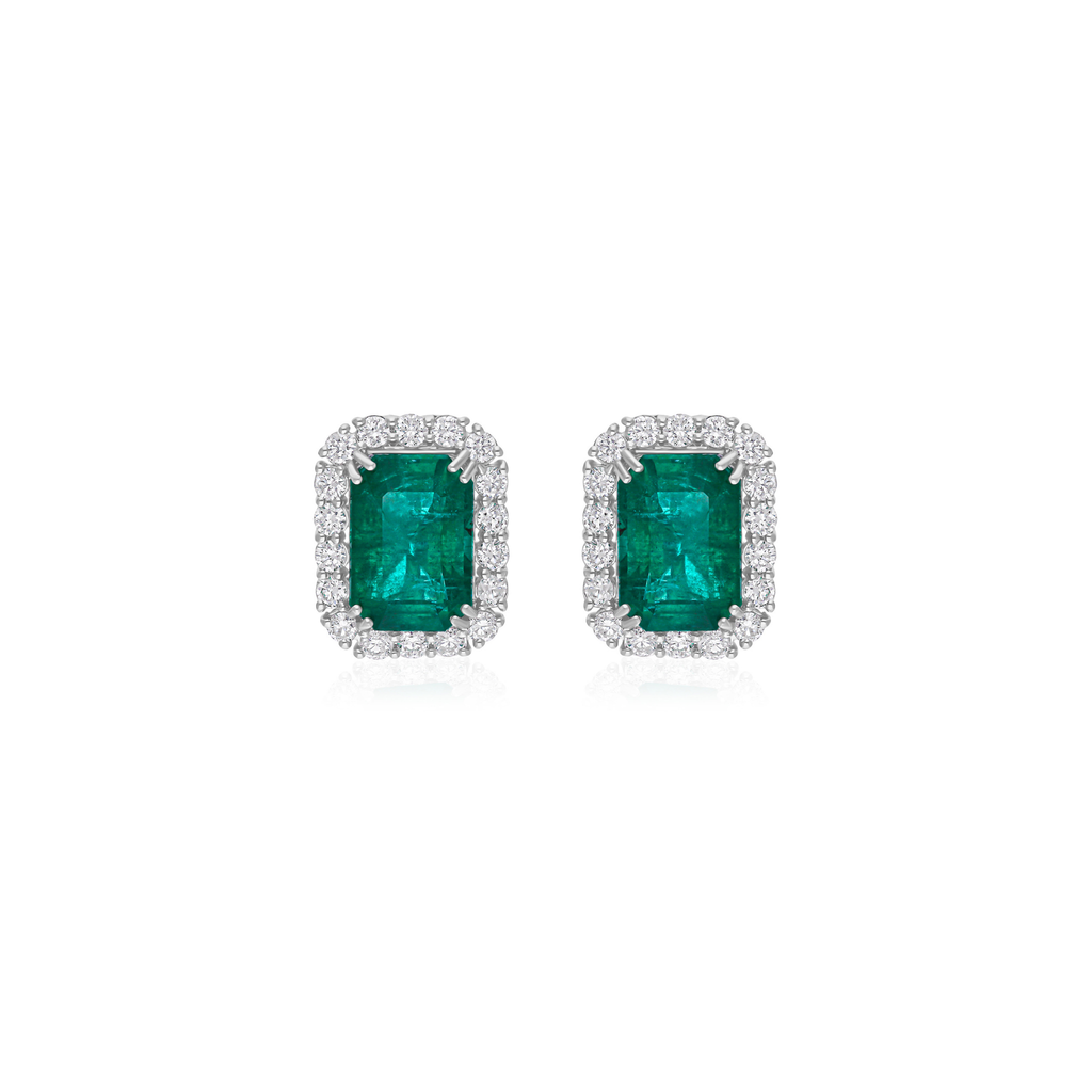 18.53Tcw Emerald Cut Zambian Emerald Halo Diamond Prong Set Stud Earrings