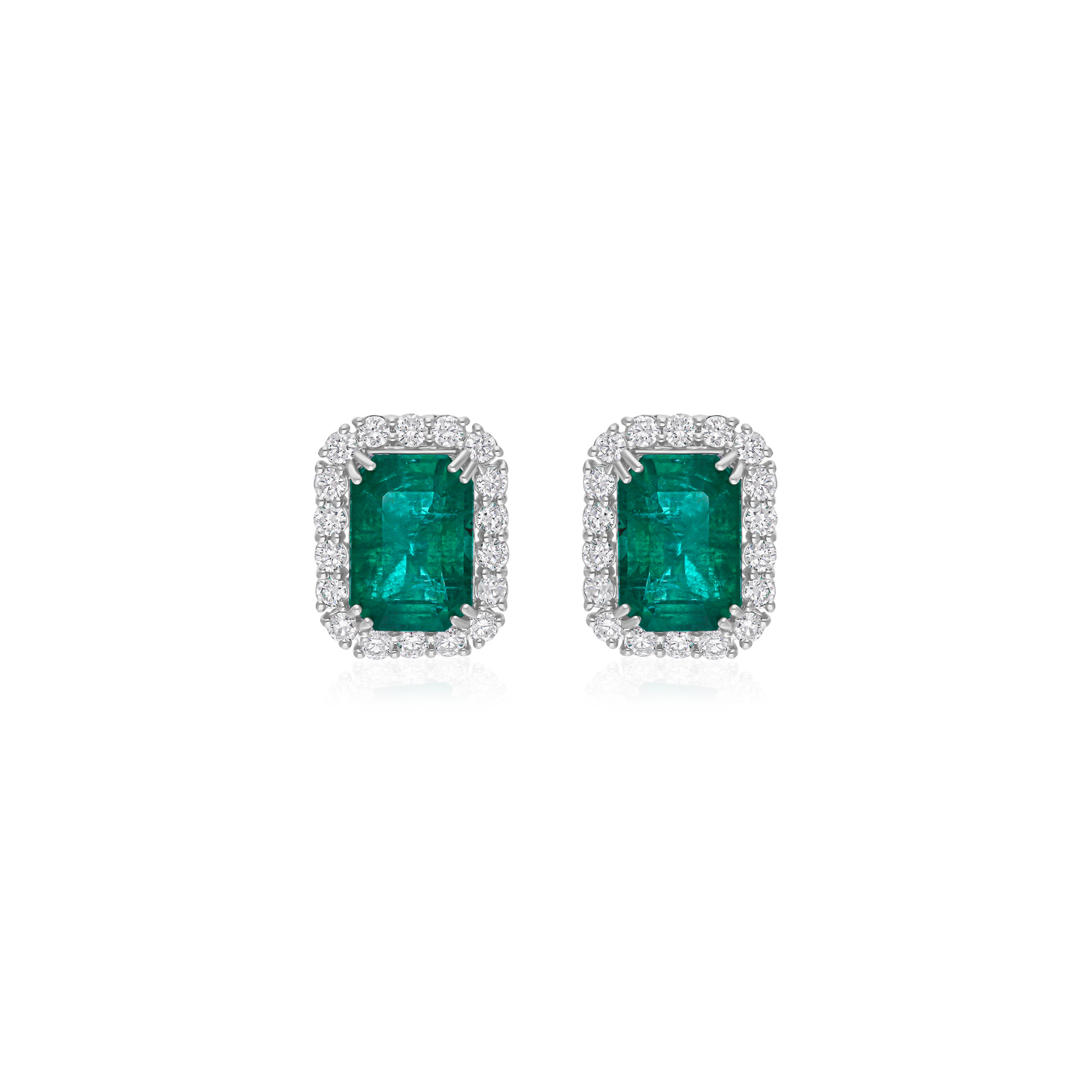18.53Tcw Emerald Cut Zambian Emerald Halo Diamond Prong Set Stud Earrings