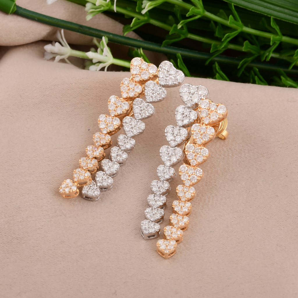 3.36 Carat Natural Diamond Heart Drop Earrings in Dual Tone Gold Dangle Design