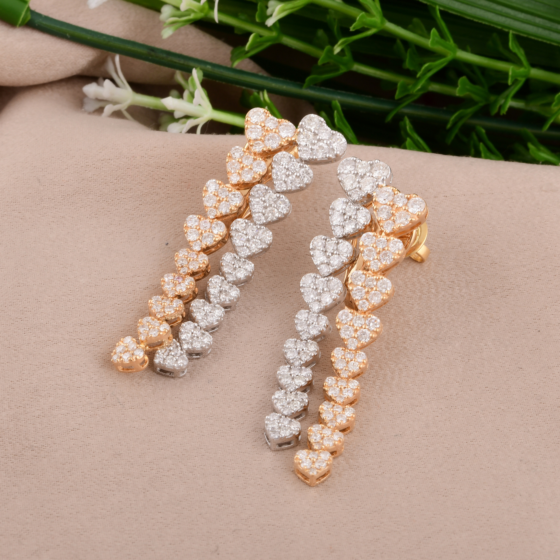 3.36 Carat Natural Diamond Heart Drop Earrings in Dual Tone Gold Dangle Design