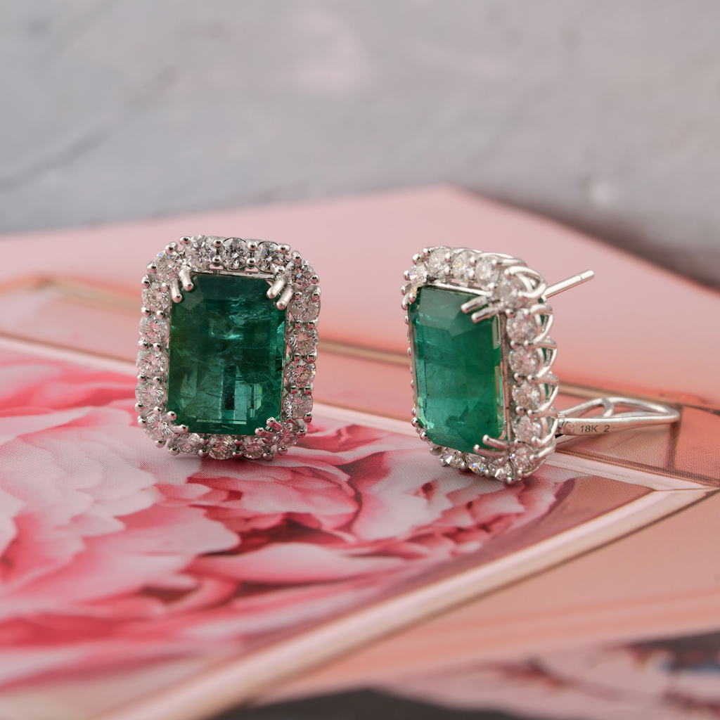 18.53Tcw Emerald Cut Zambian Emerald Halo Diamond Prong Set Stud Earrings