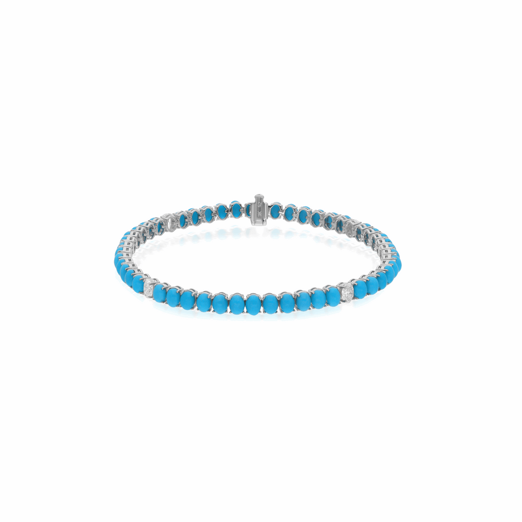 18K Gold 8.59 Tcw Natural Turquoise & Diamond Tennis Bracelet