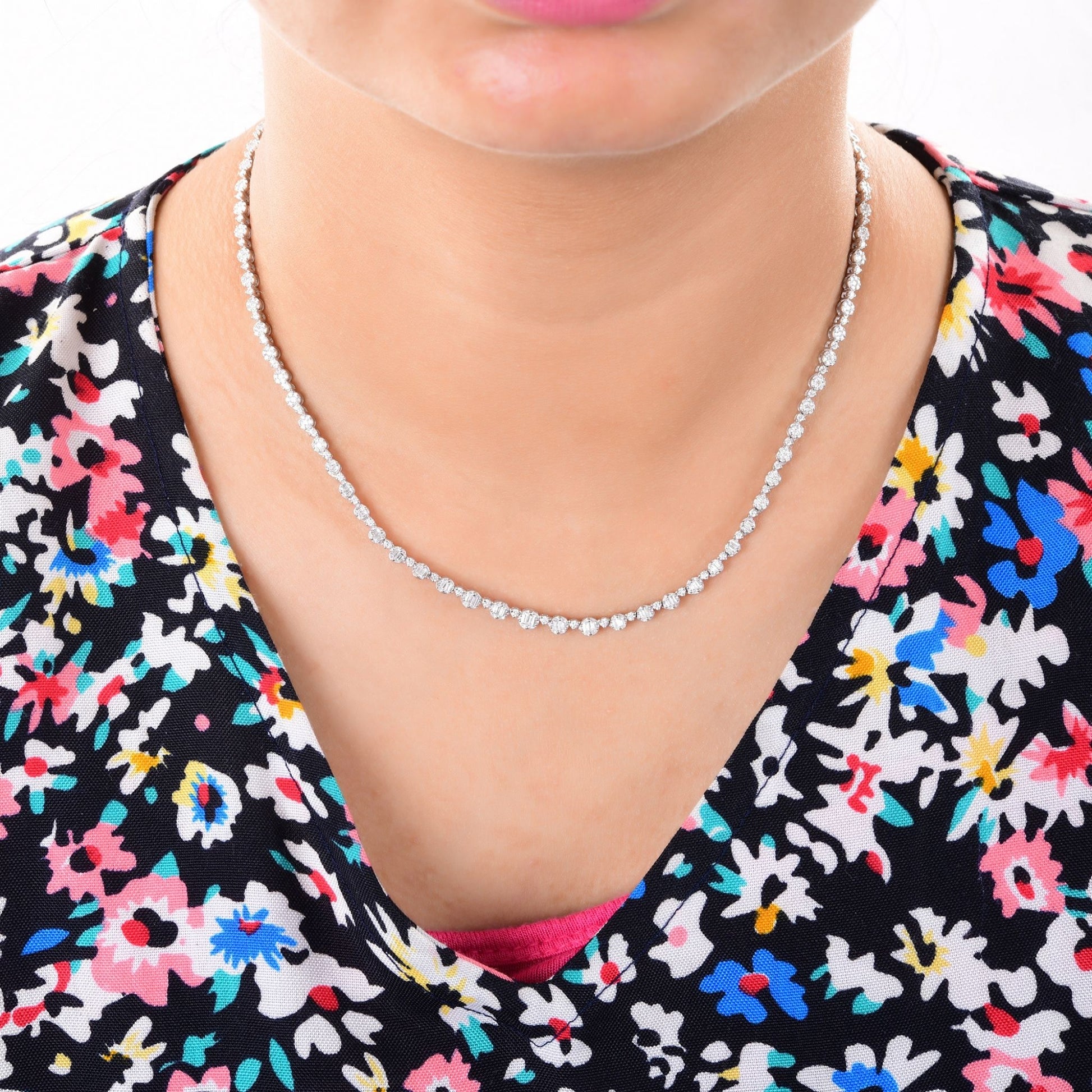 Natural Diamond Brilliant Cut Tennis Gold Necklace for Women