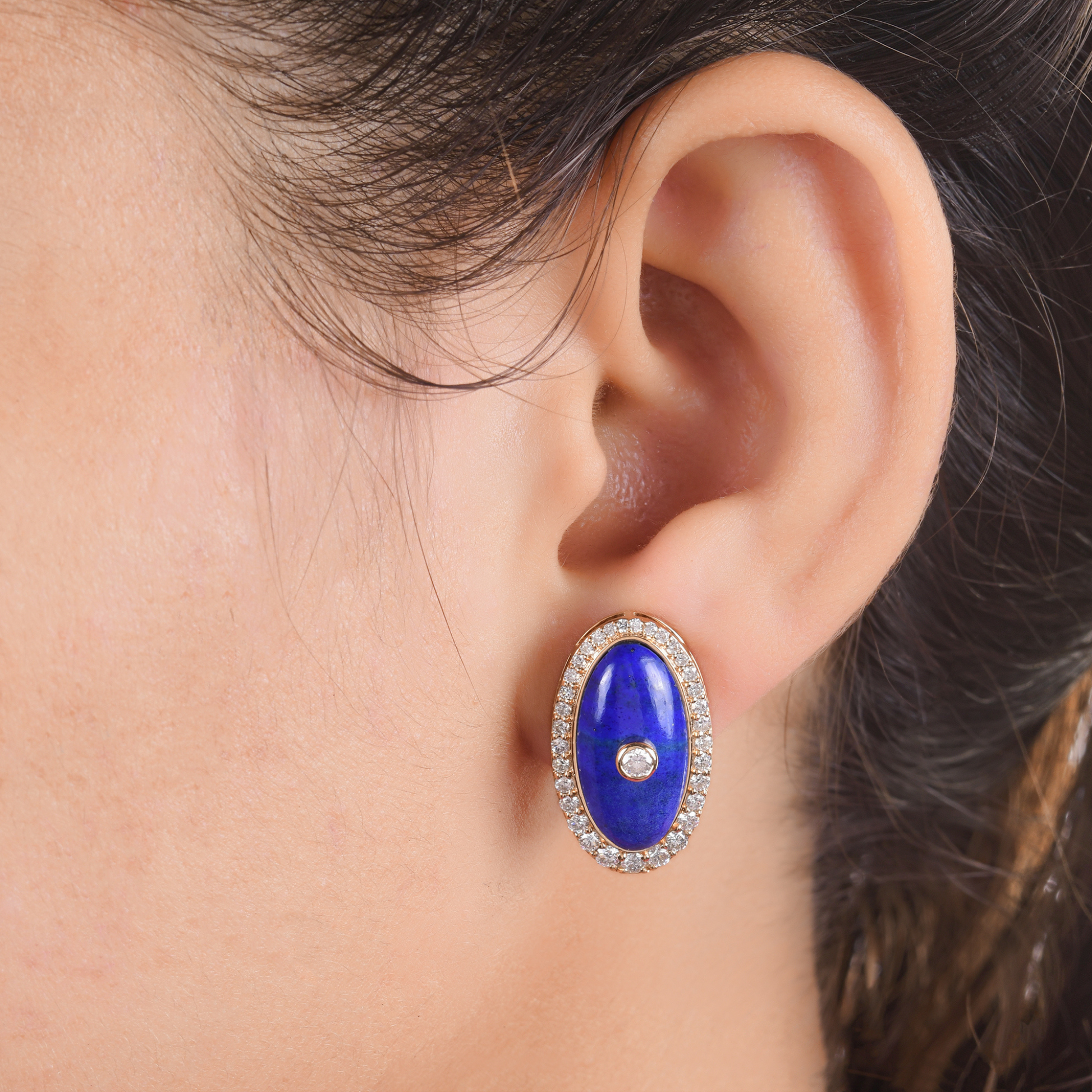 Solid Gold 7.43 Tcw HI/SI Natural Round Diamond Lapis Lazuli Stud Earrings