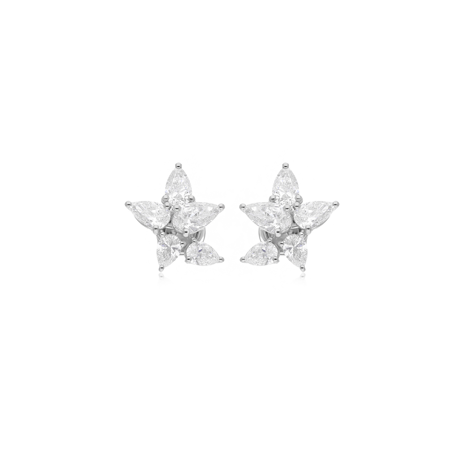 Delicate 3.21Ct Pear Cut Natural Diamond Floral Push Back Stud Earrings