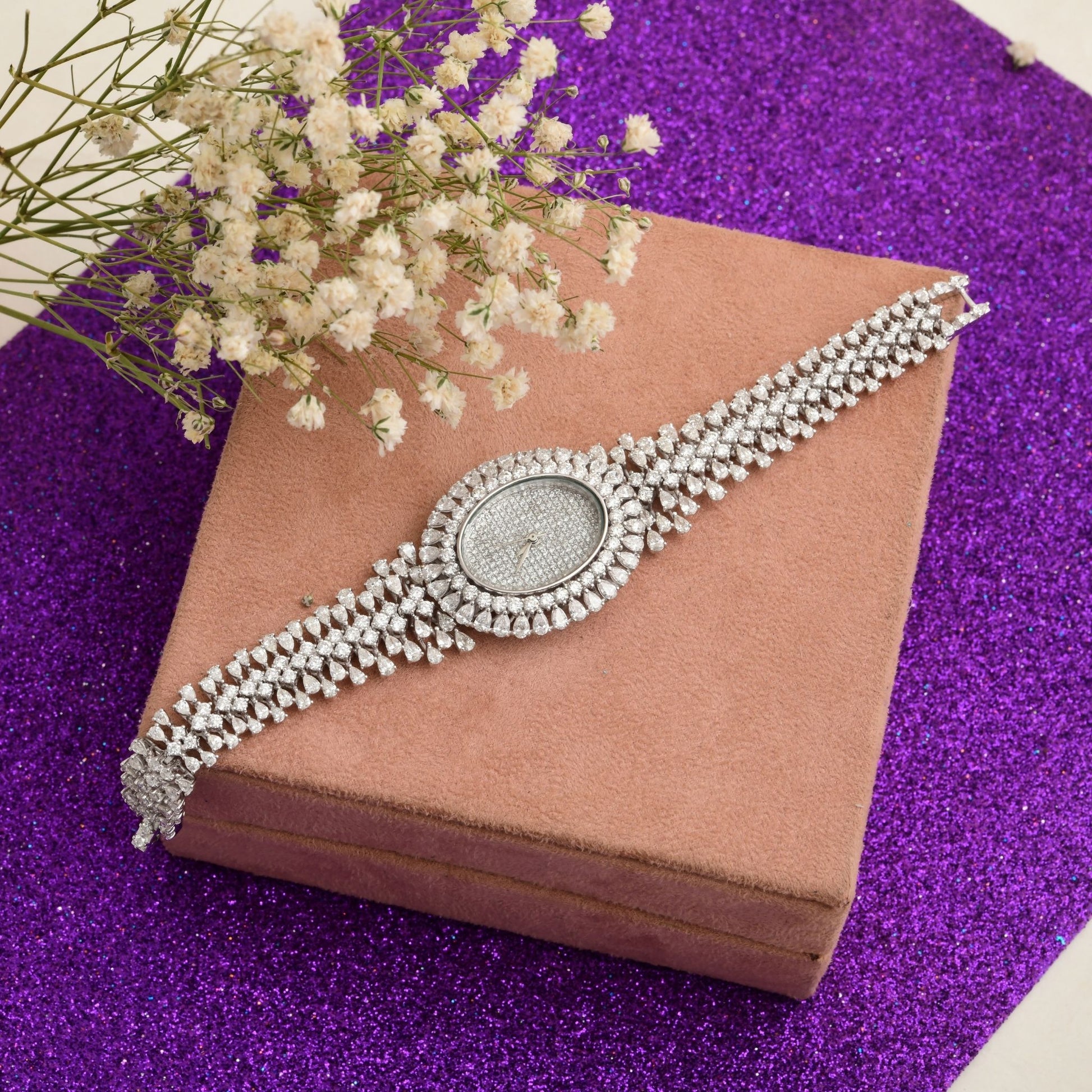 Sparkling Natural Pave Diamond Studded Oval Dial Luxury Wrist Gold Watch