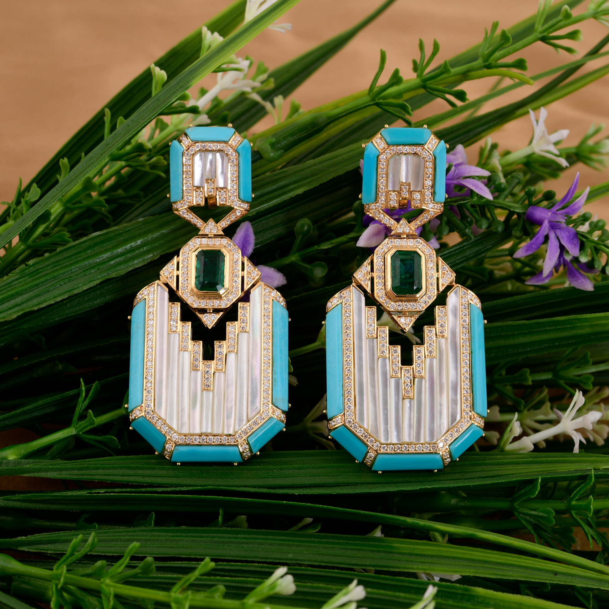 20.45 Carat Tcw Emerald & Turquoise Gemstone Natural Diamond Gold Dangle Earrings
