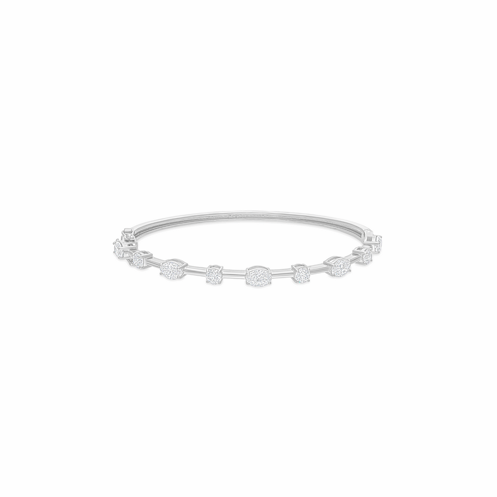 Oval and Round Prong Setting Natural Diamond Station Bangle Bracelet in 18k Gold