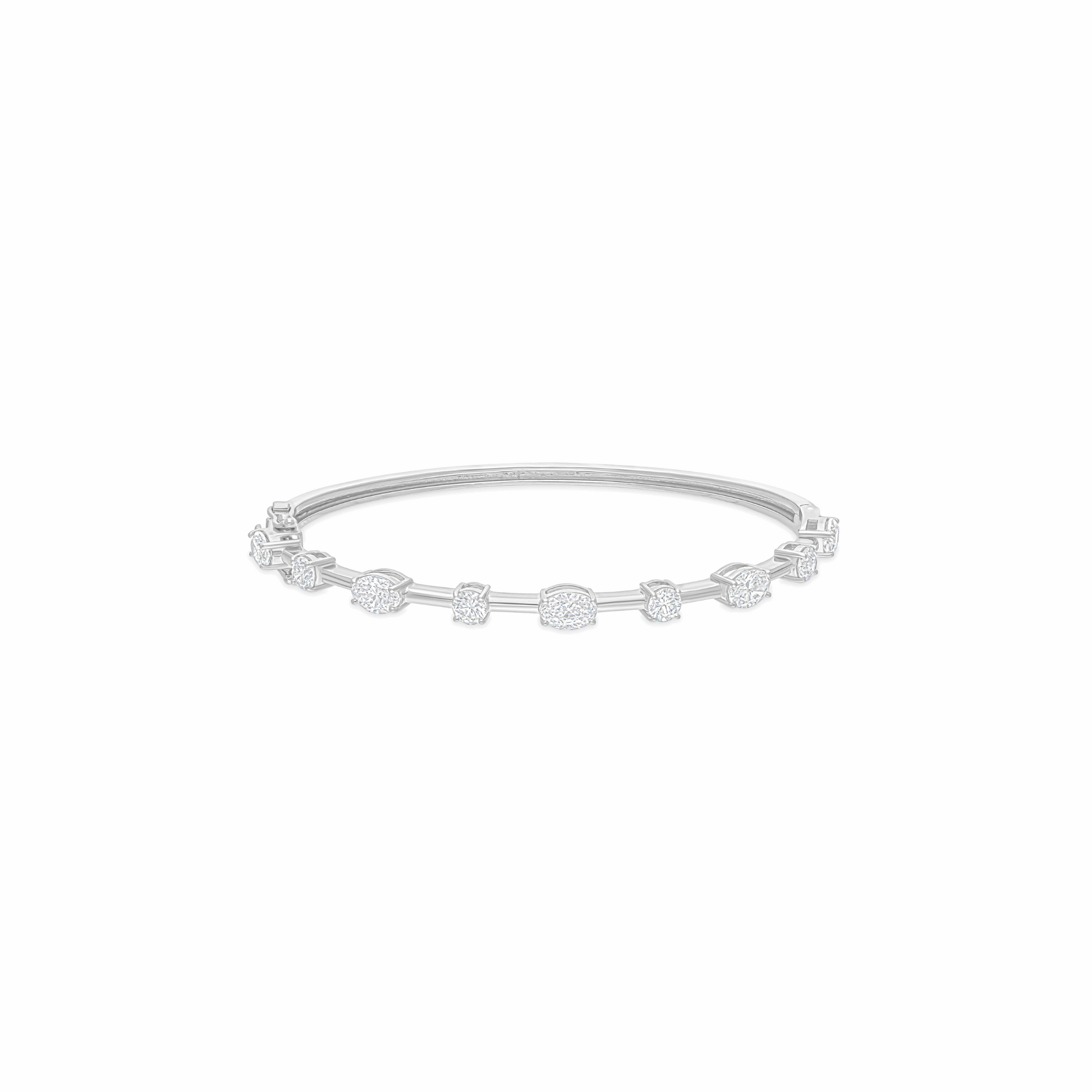 Oval and Round Prong Setting Natural Diamond Station Bangle Bracelet in 18k Gold