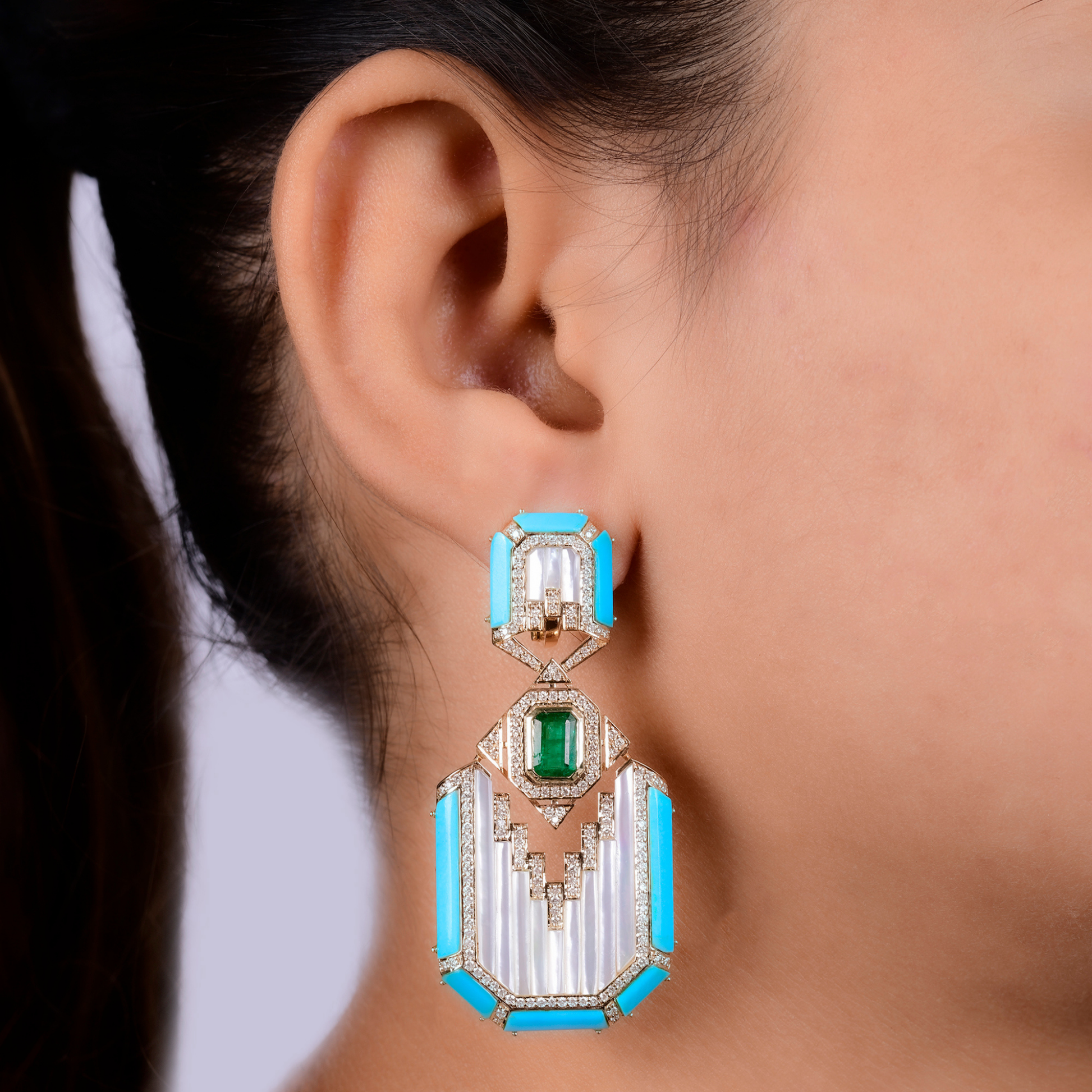 20.45 Carat Tcw Emerald & Turquoise Gemstone Natural Diamond Gold Dangle Earrings