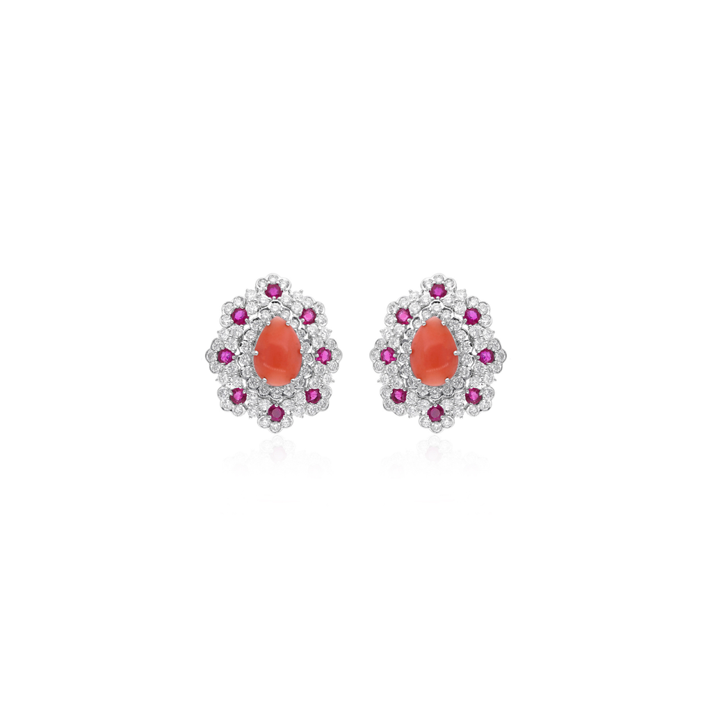 Luxury 5.60Ct. Ruby & Coral Gemstone Natural Diamond Gold Stud Earrings