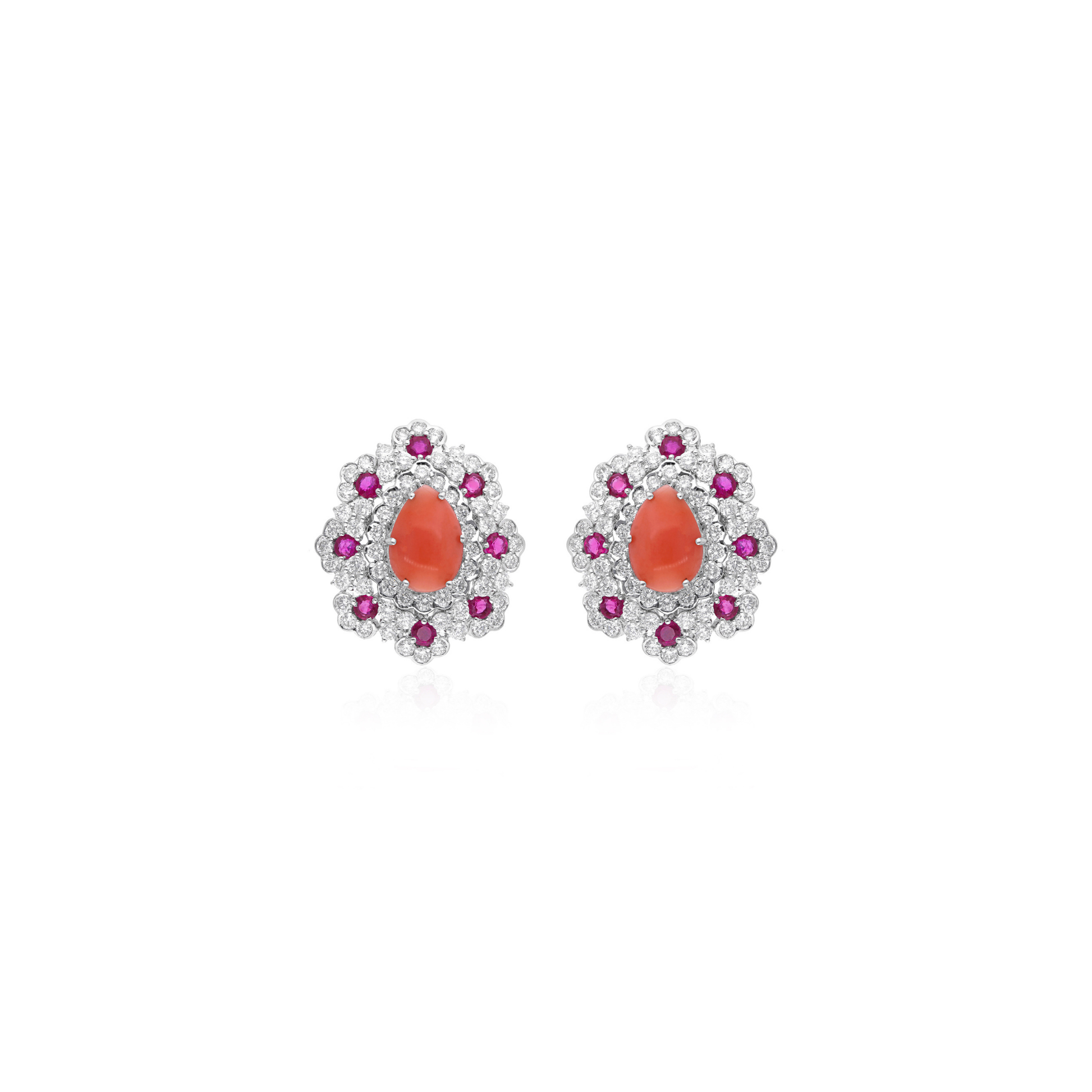 Luxury 5.60Ct. Ruby & Coral Gemstone Natural Diamond Gold Stud Earrings