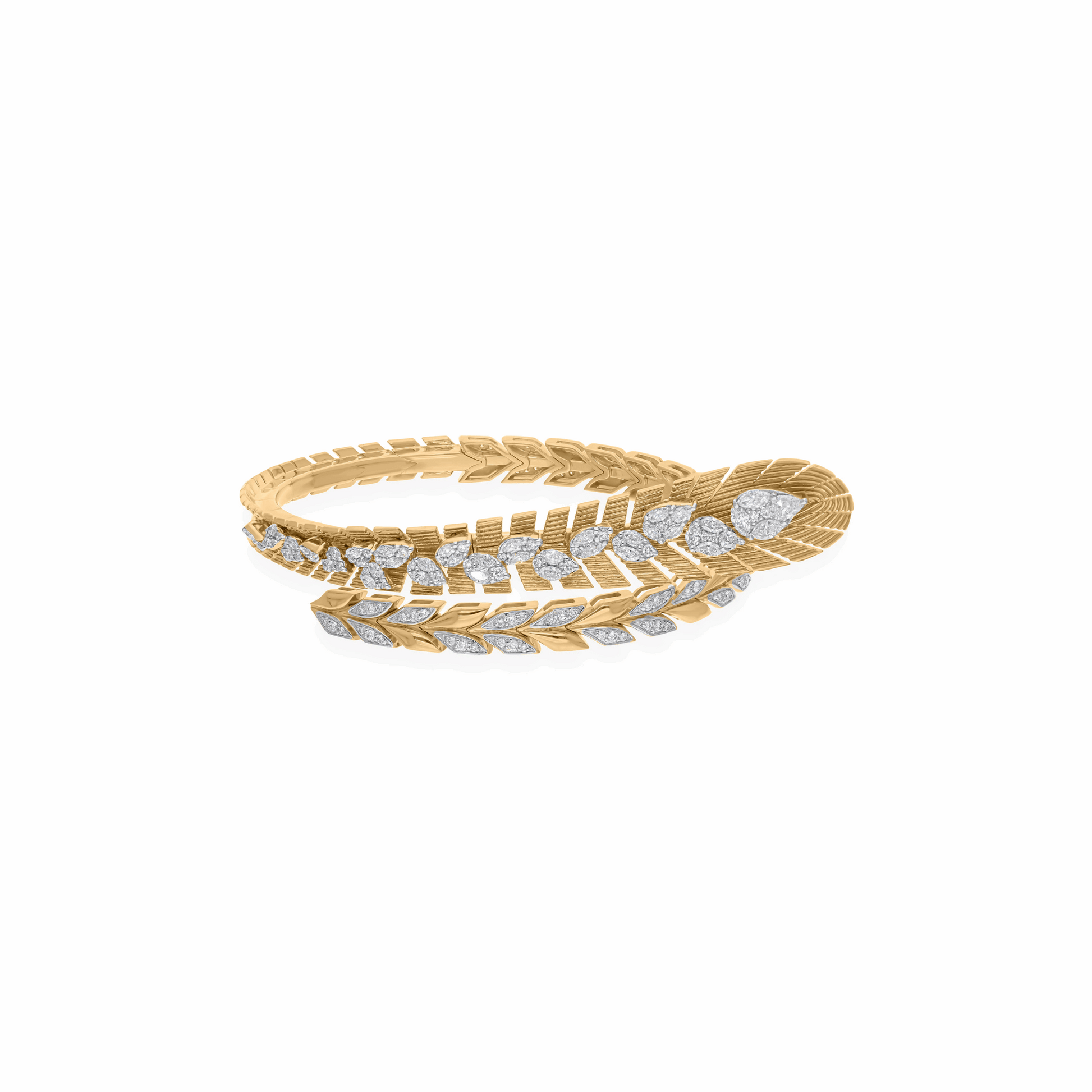 18k Gold Leaf Wrap Bangle Bracelet with 5.85 Ct Natural Pear & Marquise Diamonds