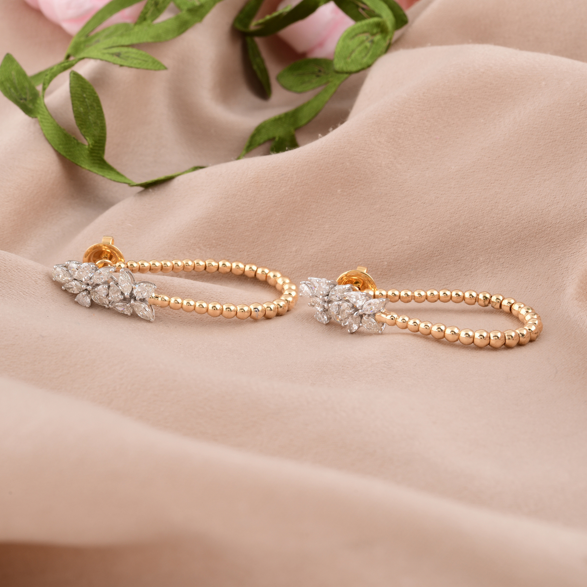 Fine Gold 1.80 Ct Natural SI/H Diamond Hoop Beaded Earrings Jewelry