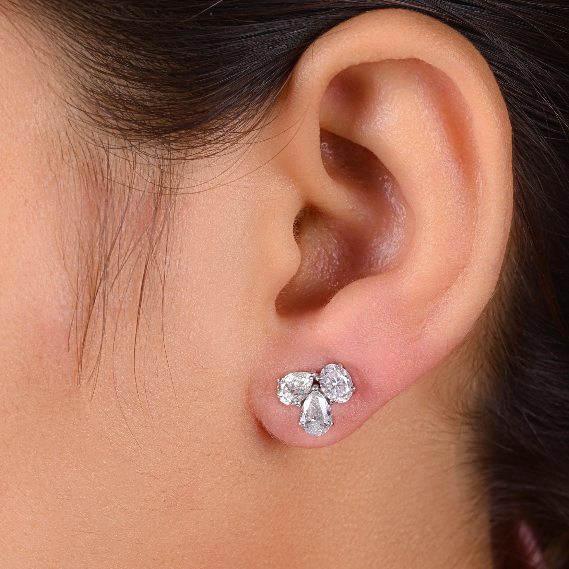 SI/H Clarity 2.41 Carat Natural Diamond 3 Stone Stud Earrings in Solid Gold