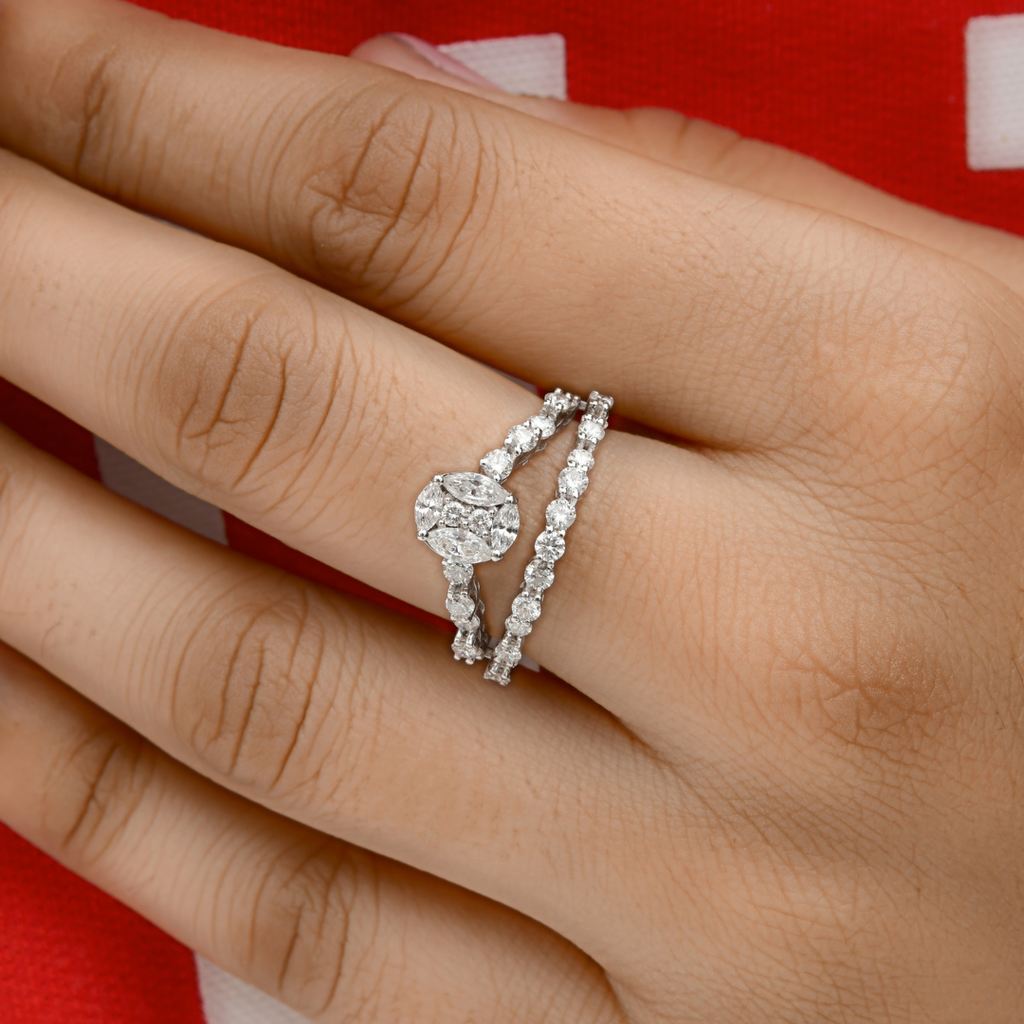 1.15 Carat Double Row Marquise & Round Cut Anniversary Diamond Gold Ring