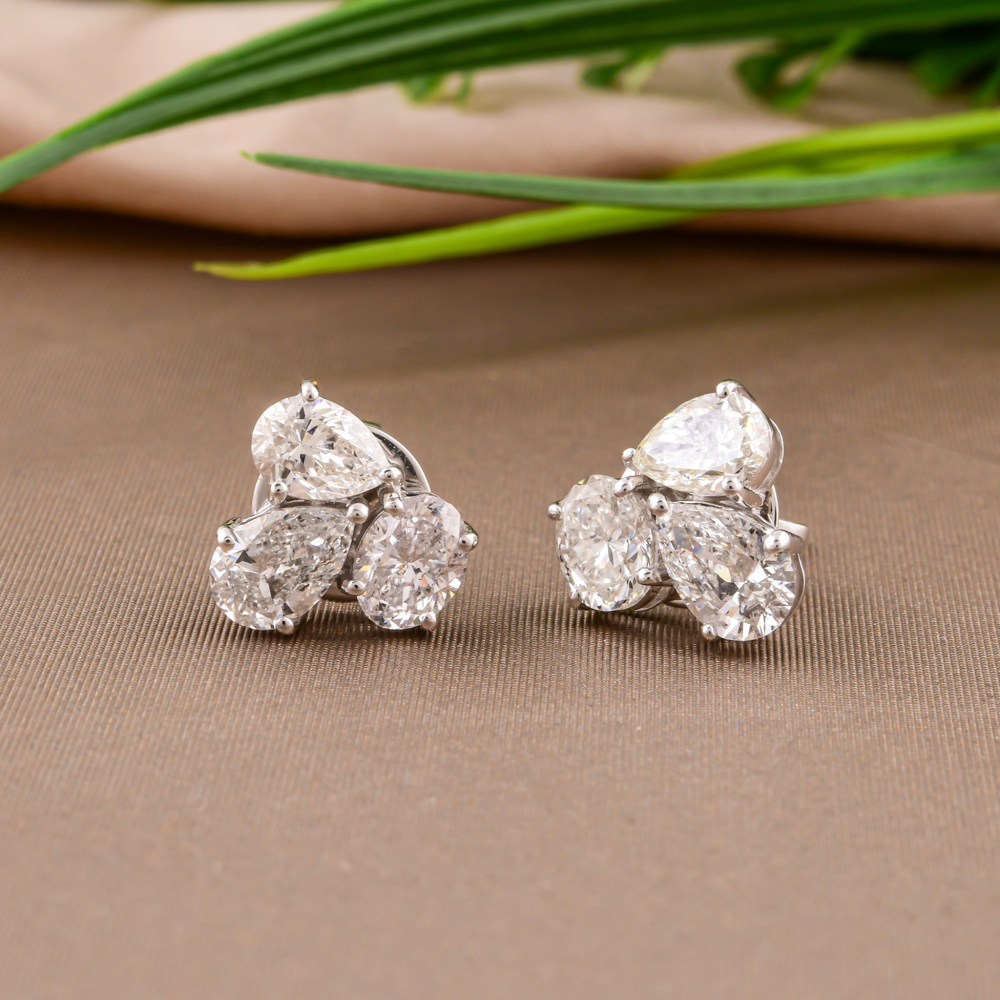 SI/H Clarity 2.41 Carat Natural Diamond 3 Stone Stud Earrings in Solid Gold