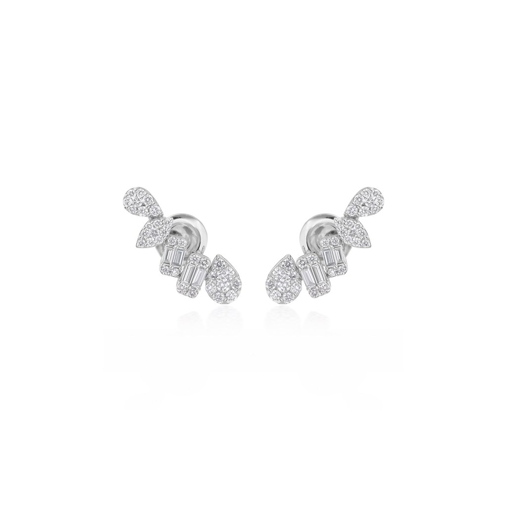 Fine Gold Mixed Cut 0.98Ct. Natural Diamond Climber Stud Earrings