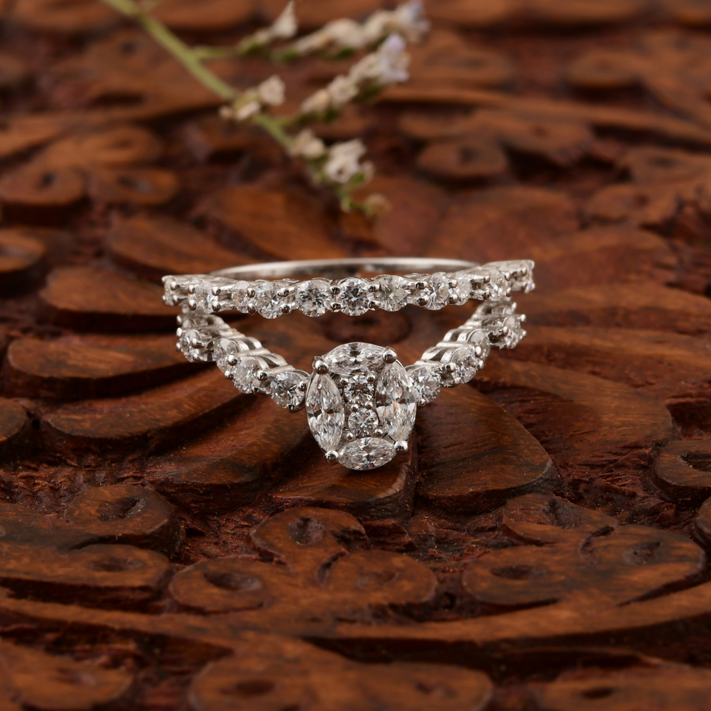 1.15 Carat Double Row Marquise & Round Cut Anniversary Diamond Gold Ring