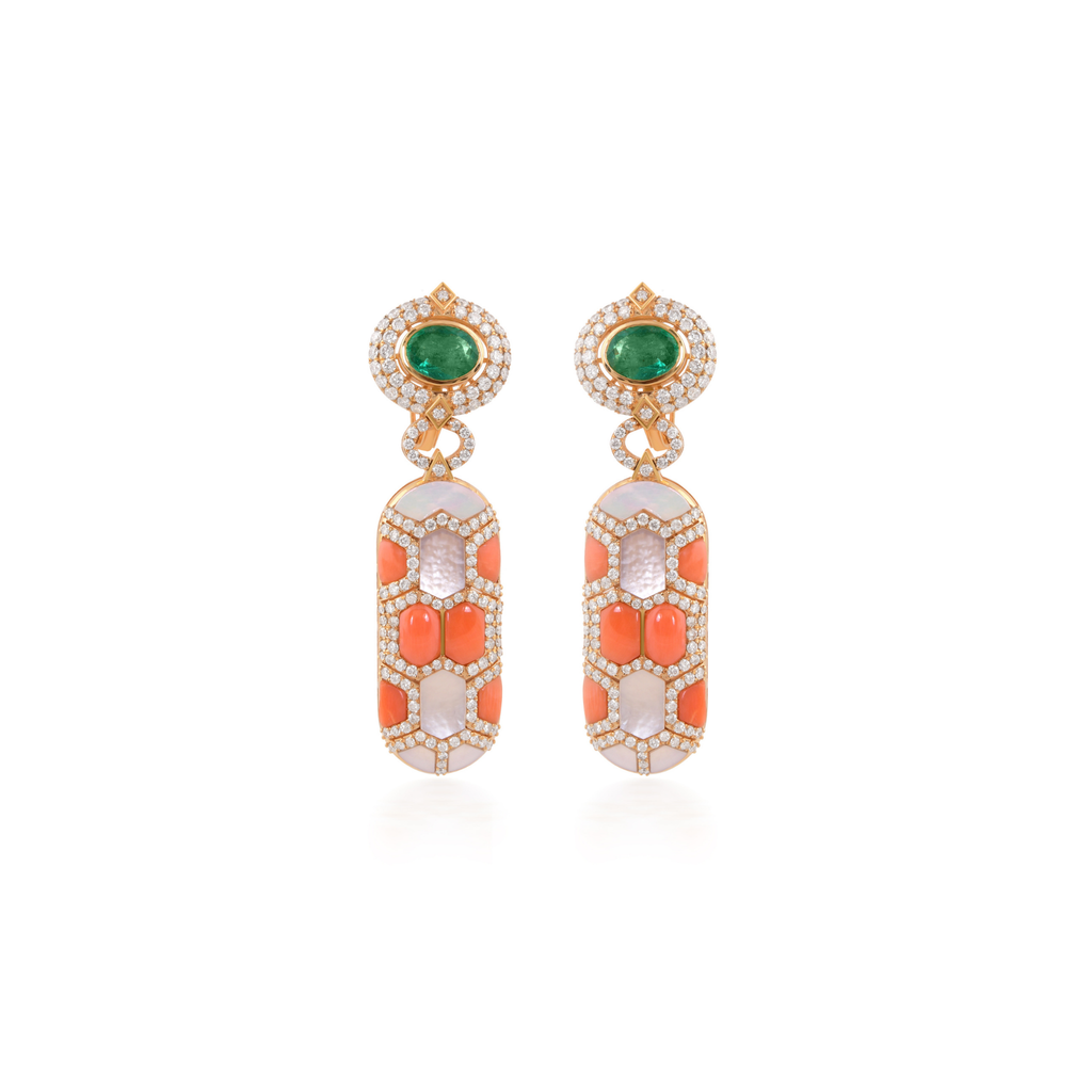 Solid Gold 11.08Tcw Emerald, Coral, Pearl & 3.15Ct. Natural Diamond Wedding Dangle Fine Earrings