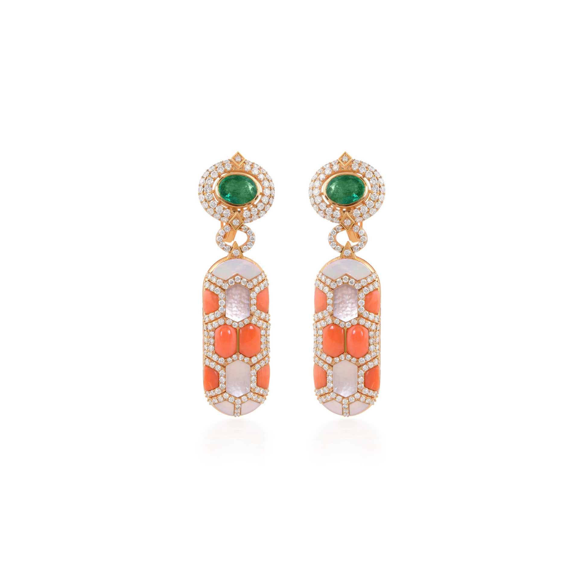 Solid Gold 11.08Tcw Emerald, Coral, Pearl & 3.15Ct. Natural Diamond Wedding Dangle Fine Earrings