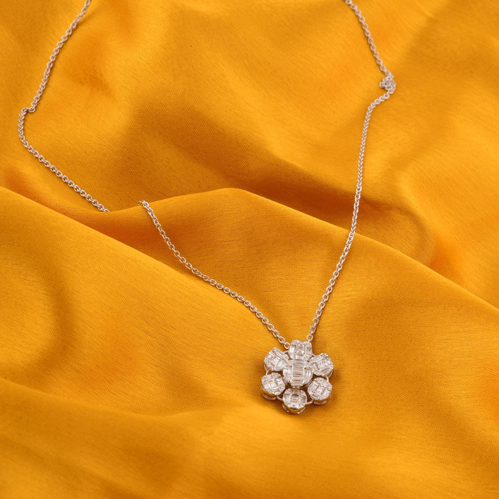 Baguette Diamond 1.10 Ct SI/H Flower Pendant Chain Necklace